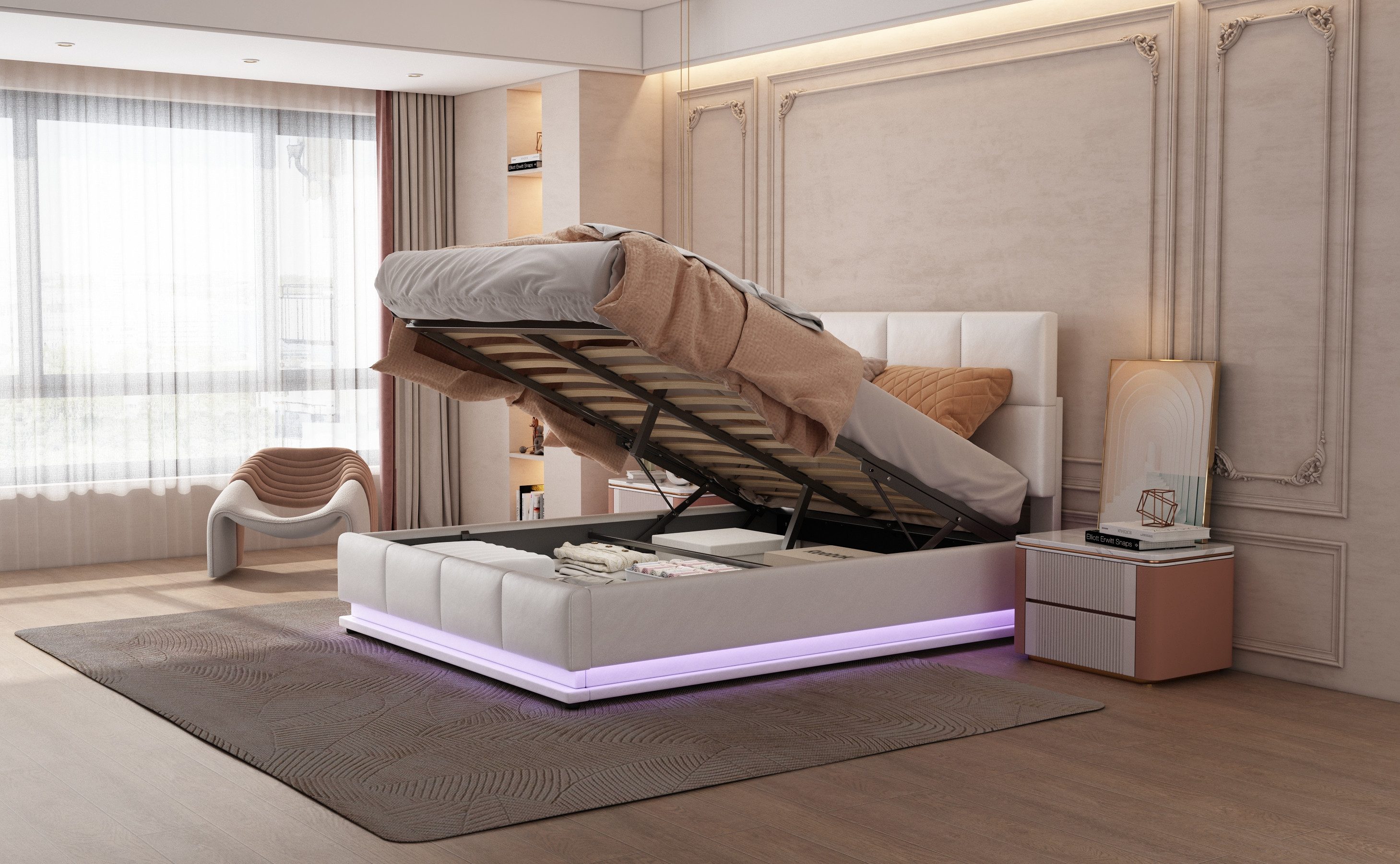 MODFU Bett mit LED & hydraulischem Stauraum (Stauraumbett mit Bettkasten & höhenverstellbares Kopfteil, 140x200cm), ohne Matratze