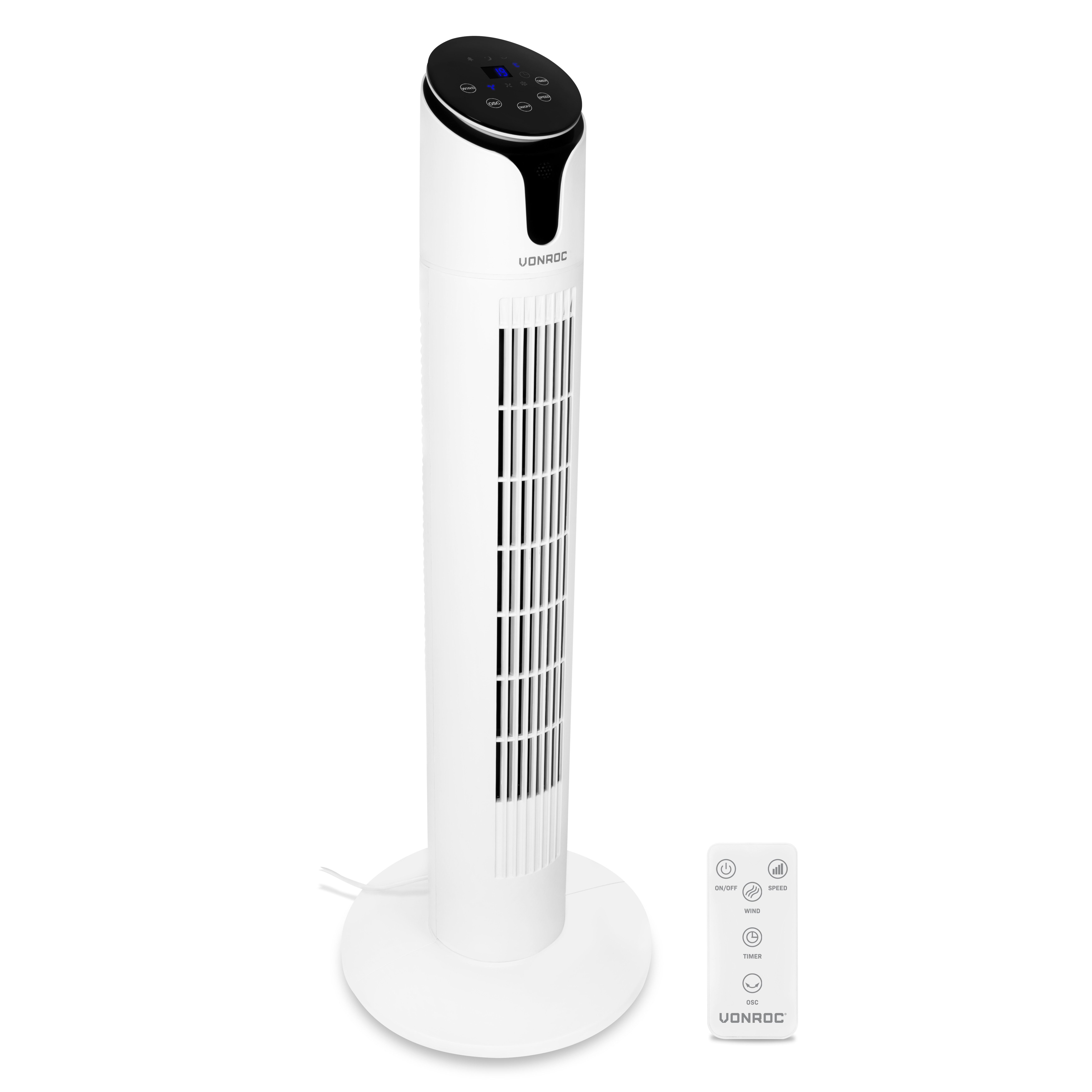 VONROC Turmventilator - Luxusventilator inklusive Fernbedienung – 3 Gänge – Drehfunktion –, 15-Stunden-Timer – Höhe 86 cm – weiß