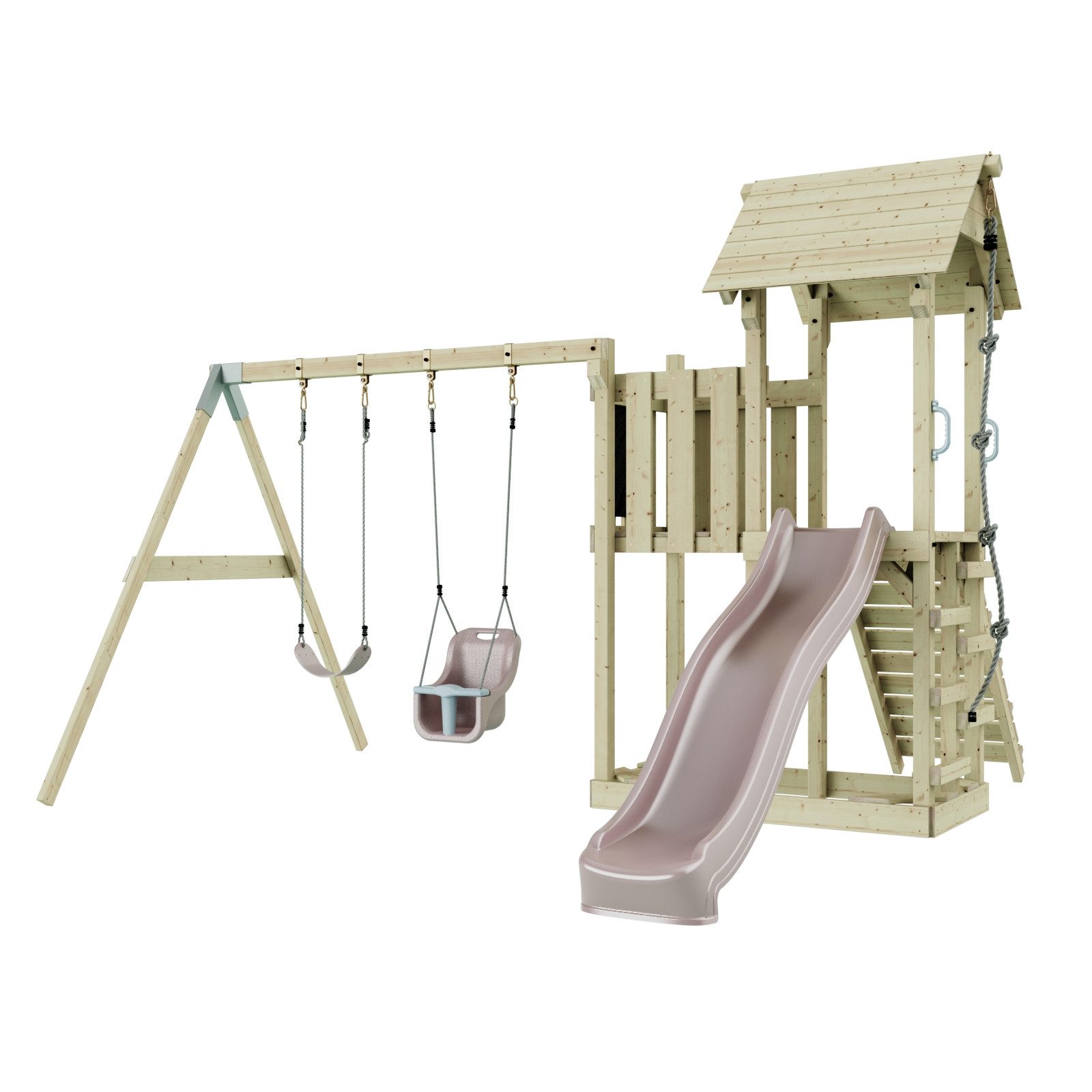 OutdoorToys Spielturm Uppsala, aus Holz in Altrosa mit Babyschaukel & Rutsche