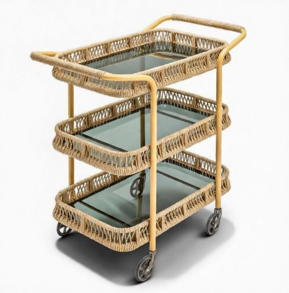 JVmoebel Stehtisch Servierwagen Gelb Moderner Stil Glasboden Rattangeflecht Räder Neu