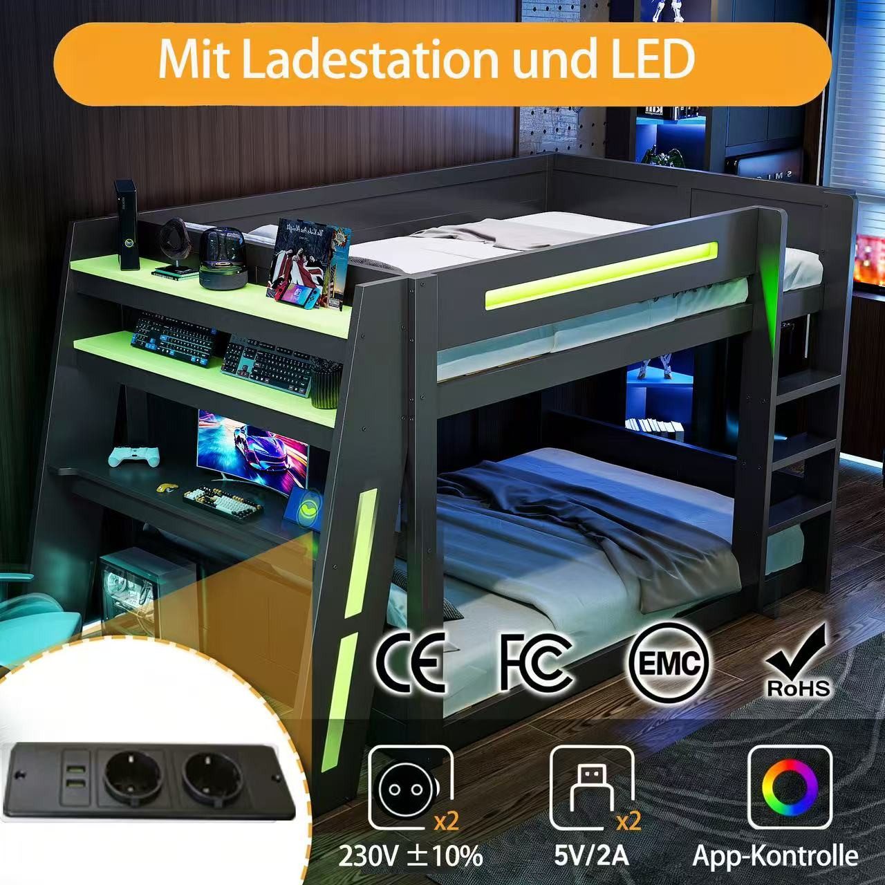 Flieks Etagenbett, Gaming Kinderbett 140x200cm mit Schreibtisch Aufladen LED-Beleuchtung