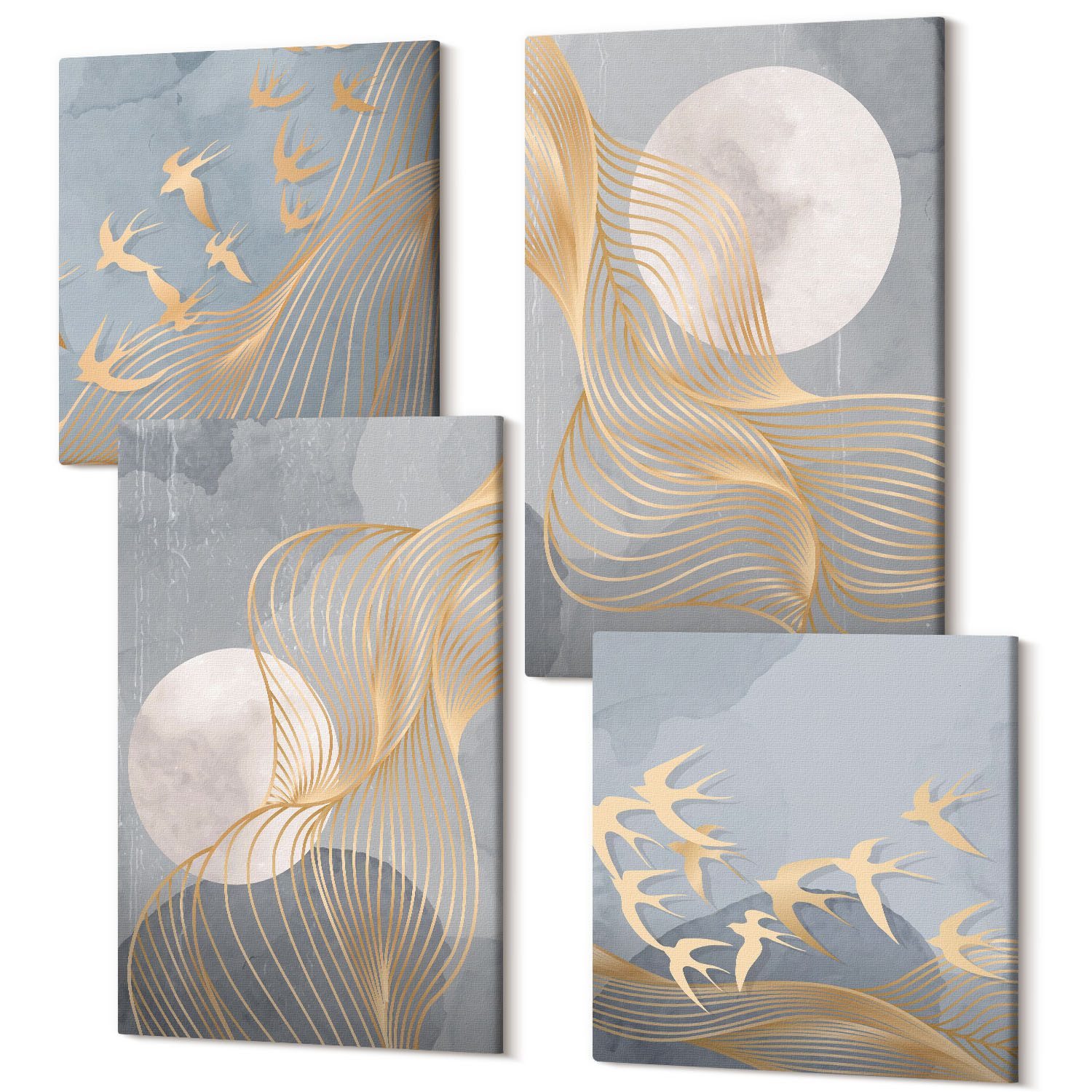 Tulup Mehrteilige Bilder Bilder-Collage 4 Canvas Set Wandbilder Grau, (4 St), Abstrakte Wellen Kreise Grau, Abstraktion Motiv