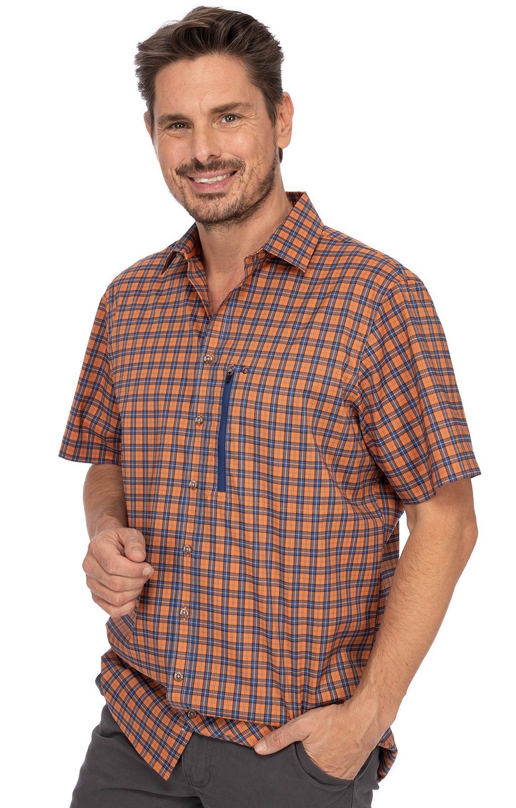 OS-Trachten Trachtenhemd 1/2 Arm blau (Regular ALEC orange Fit) Hemd