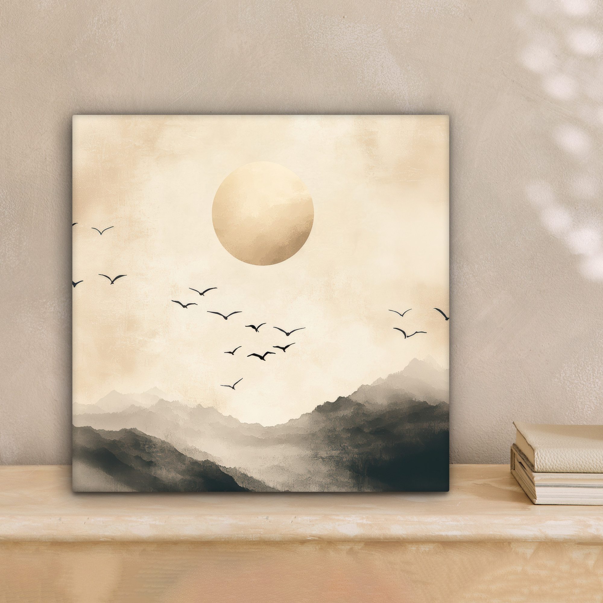OneMillionCanvasses® Leinwandbild Landschaft - Japandi - Vogel, Fotodruck (1 St), Wandbild, Deko Schlafzimmer Wohnzimmer Flur 20x20 cm