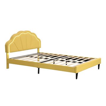 Ulife Kinderbett Polsterbett, Gästebett, Bett Funktionsbett Doppelbett (hautfreundlichem Samtstoff, Gepolsterter Schwebebett Rahmen), mit LED-Leuchten und Kopfteildesign, 140×205cm