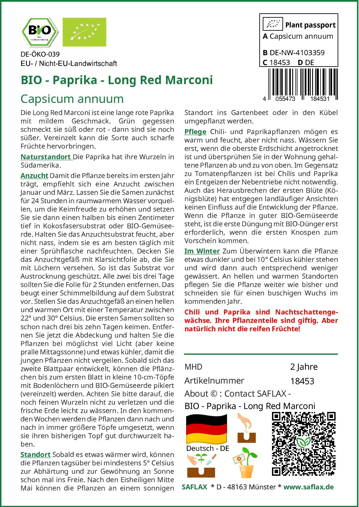 SAFLAX Gemüsesamen SAFLAX - Samen - BIO - Paprika - Long Red Marconi günstig online kaufen