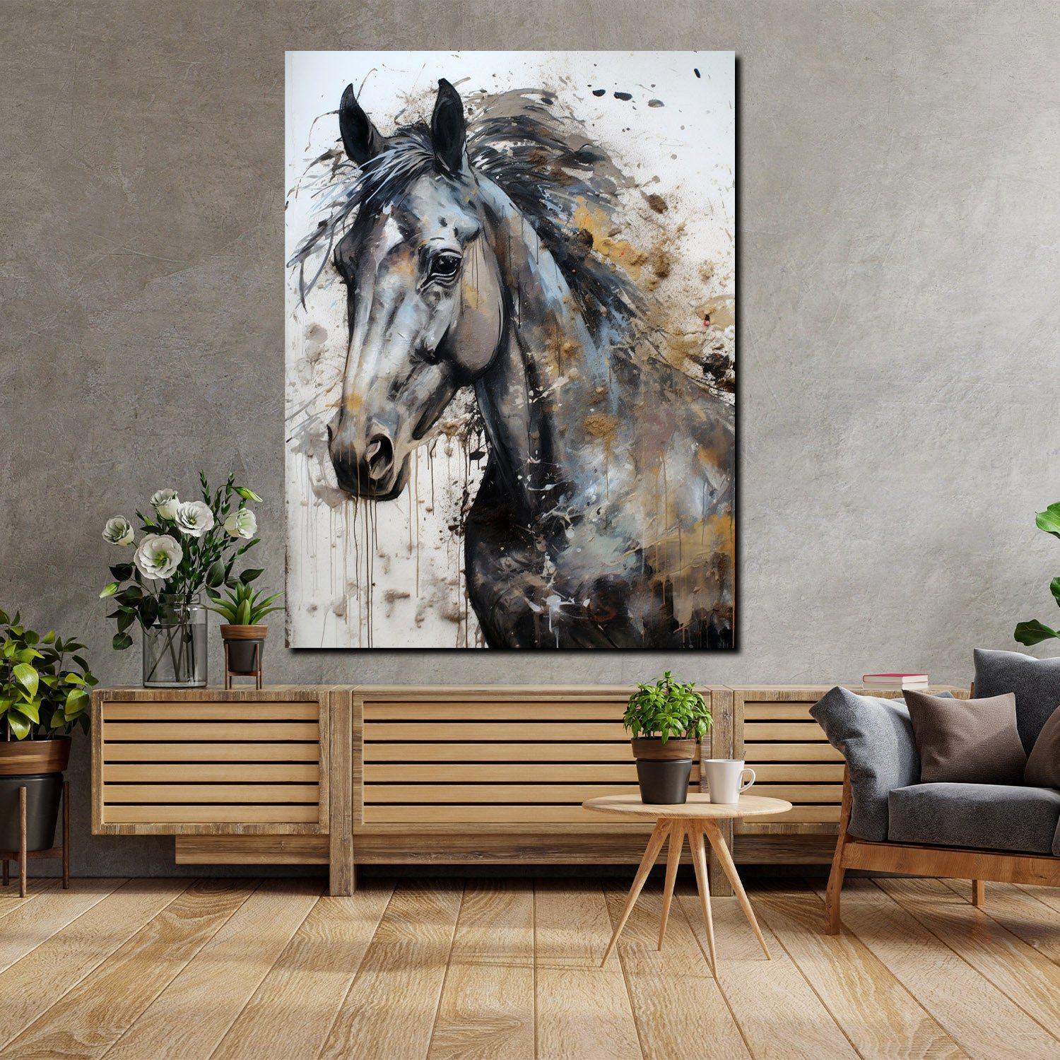 Artedinoi Leinwandbild Pferd Porträt schwarz weiß Splatter Leinwandbild Kunstdruck XL Deko, Pferd, abstrakt
