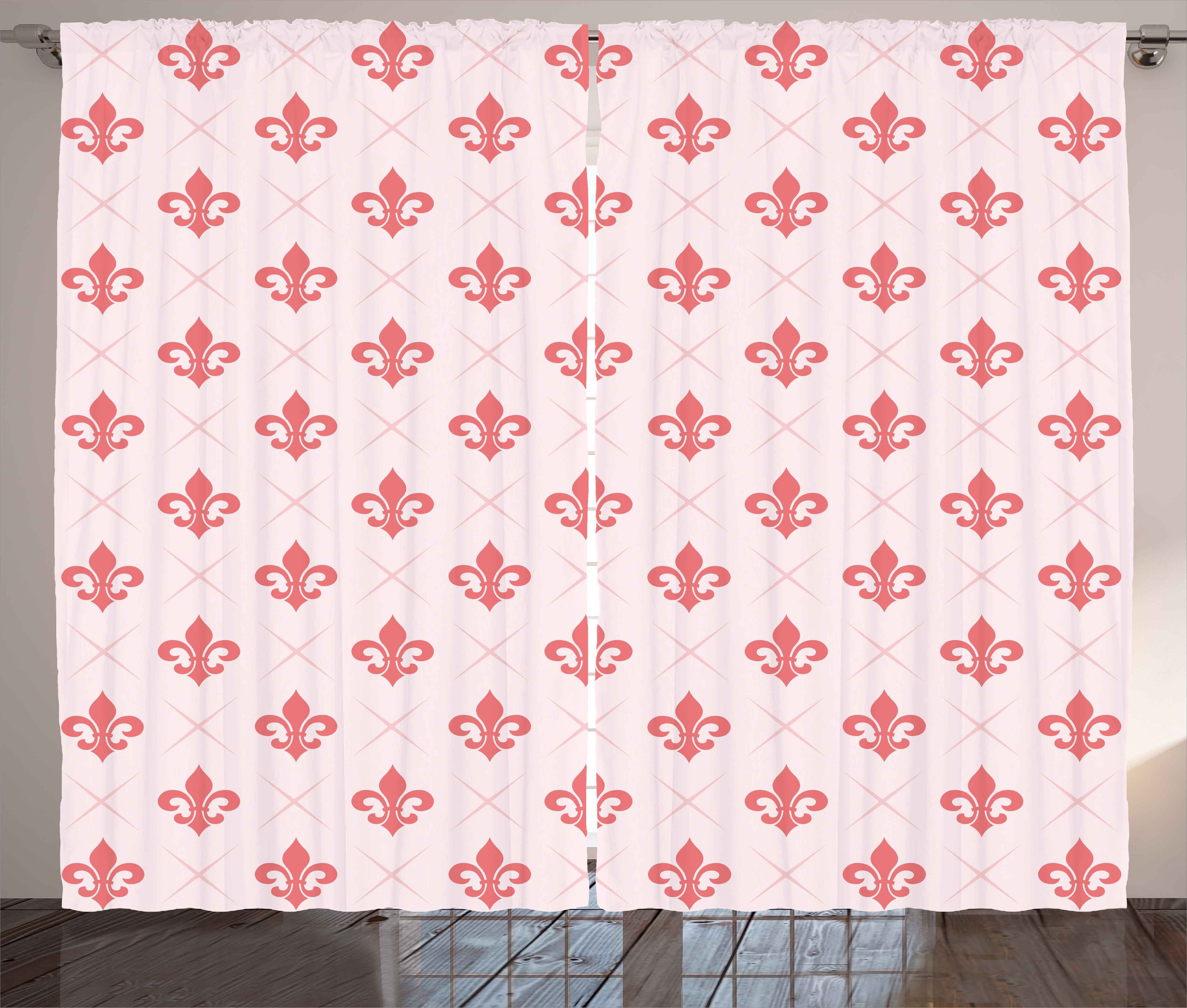 Gardine Schlafzimmer Kräuselband Vorhang mit Schlaufen und Haken, Abakuhaus, Koralle Checkered Fleur De Lis