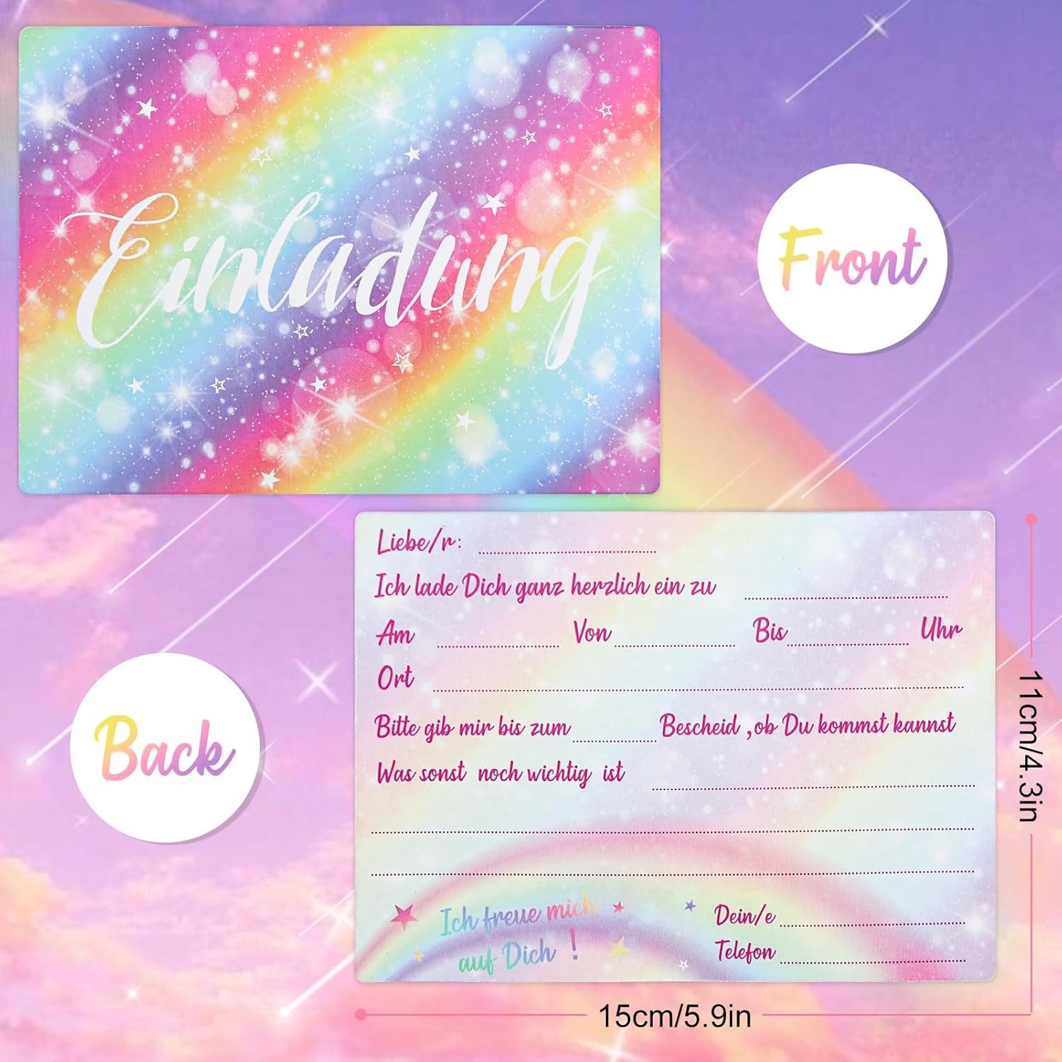 aitsite Einladungskarten 12er Set Einladungskarten Kindergeburtstag Regenbogen Doodle Party, 12er Set Kinder Einladungskarten Regenbogen Design, beschreibbar, bunt