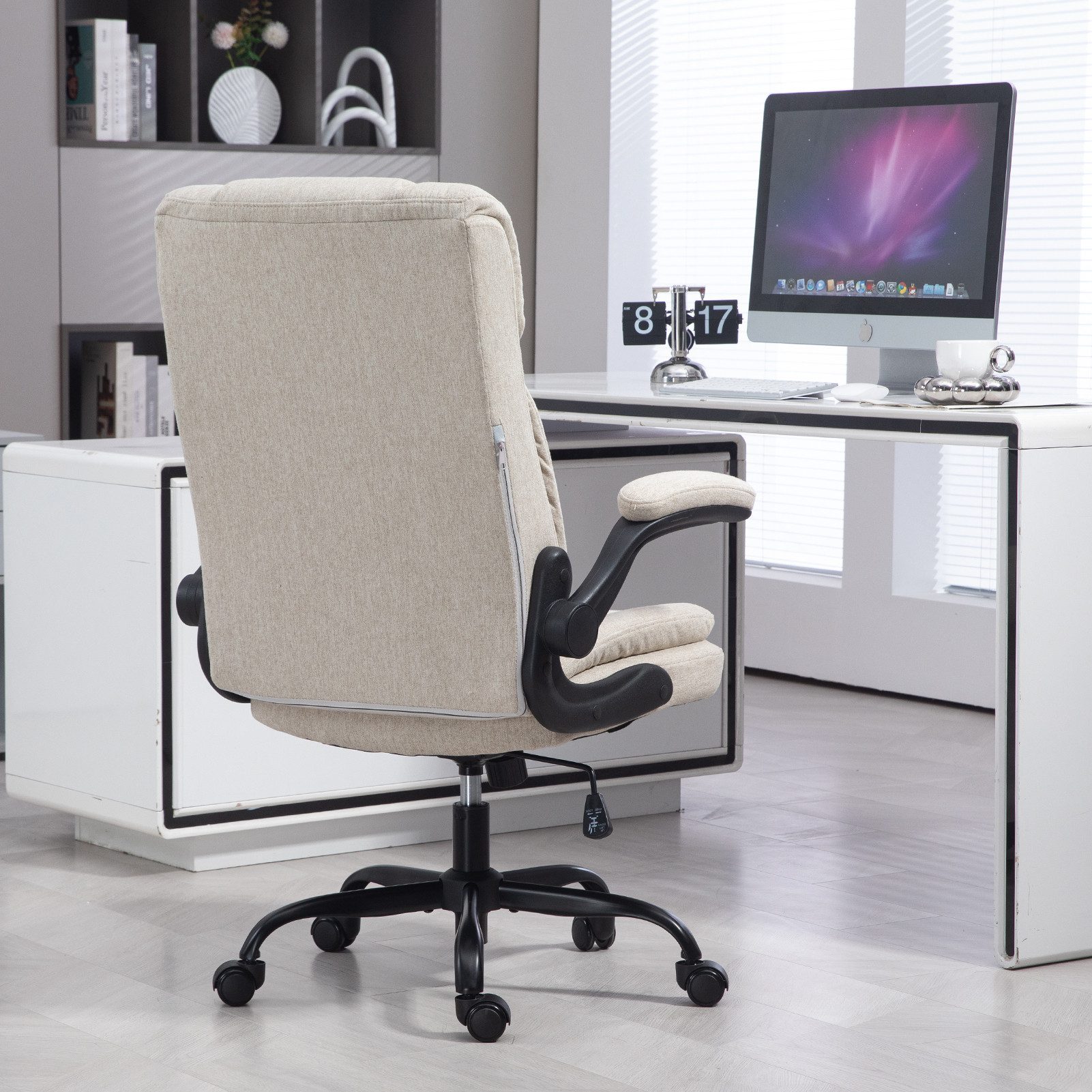LIYURUI Bürostuhl Ergonomischer 150KG Belastbarkeit Chefsessel Stoff Flip-up Armlehnen (1 St), mit Hoher Rückenlehne und Breitem Sitz, beige