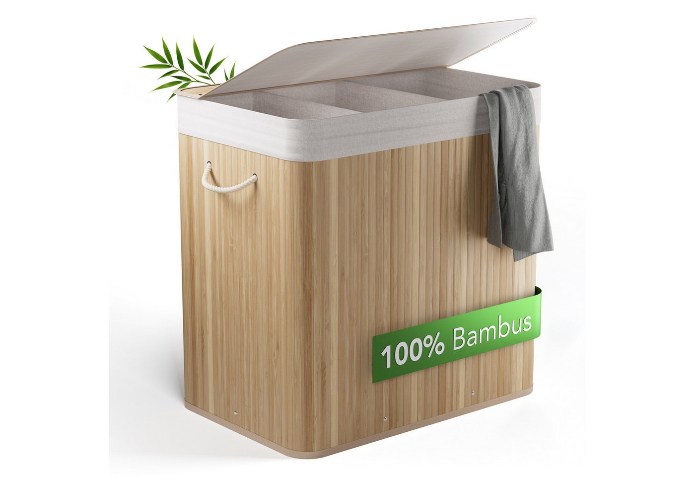 NewHabitat Wäschekorb Bambus Wäschekorb 3 Fächer, 150L Wäschesammler mit Deckel & Sack