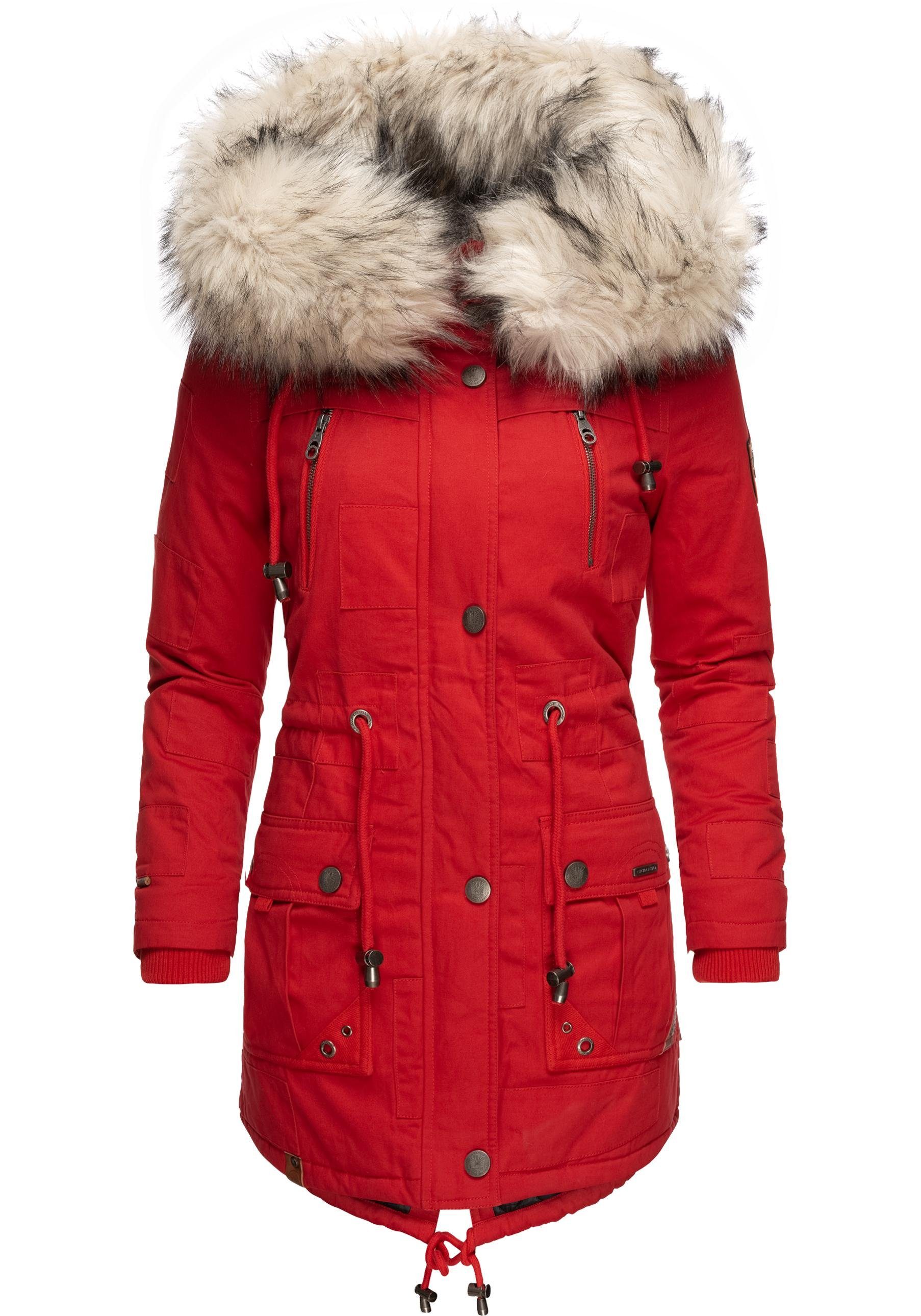 Navahoo Wintermantel Honigfee Baumwollparka mit stylischer Kunstfell-Kapuze rot