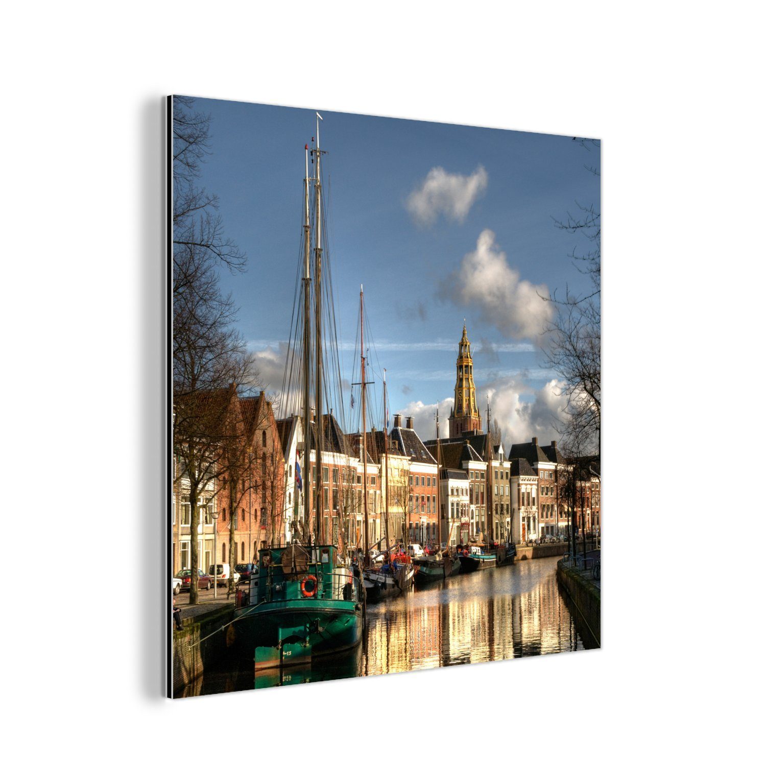 MuchoWow Metallbild Groningen - Grachtenhaus - Segelboot, (1 St), Alu-Dibond-Druck, Gemälde aus Metall, Aluminium deko | Bilder