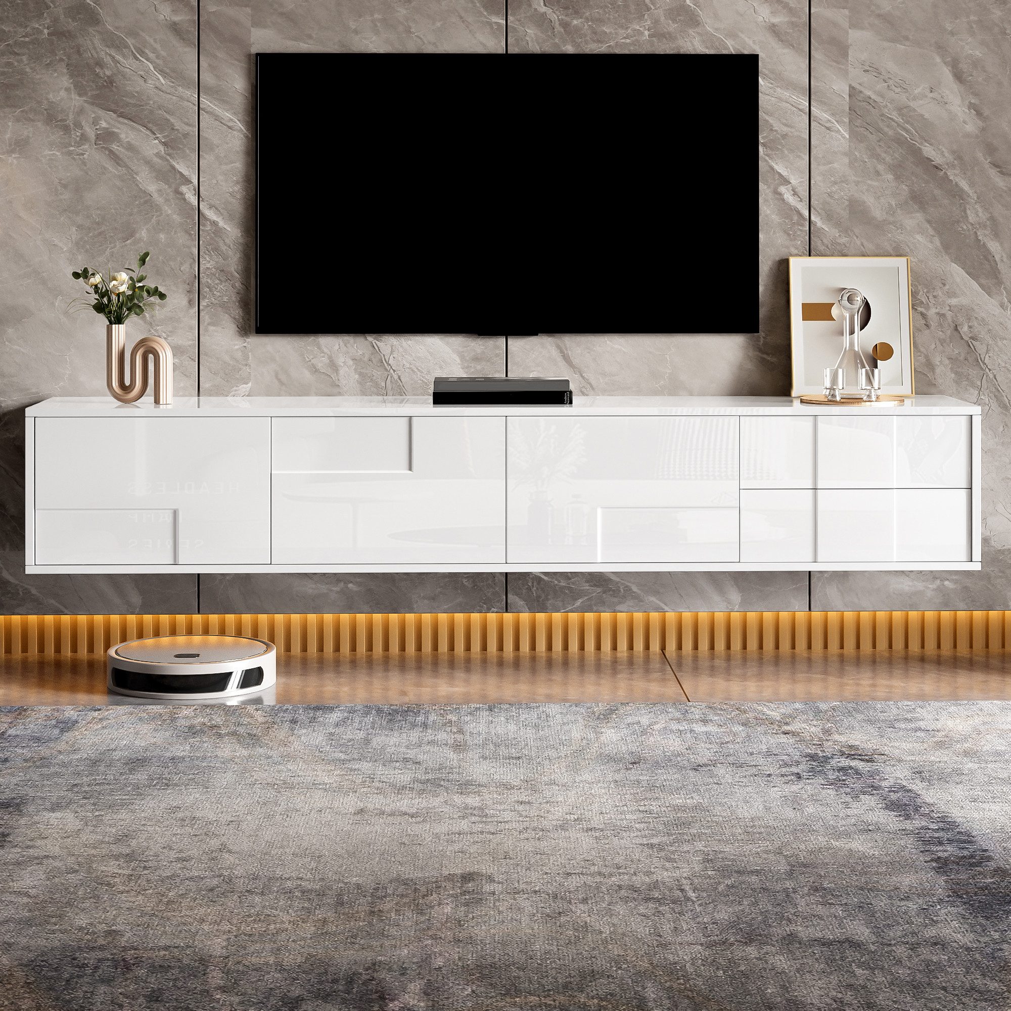 Odikalo TV-Schrank Lowboard Fernsehschrank schwebend/stehend (Offene Fächer hinter 3 Türen, 2 Schubladen für Kleinteile,Maße: 170×30×30,5 cm)