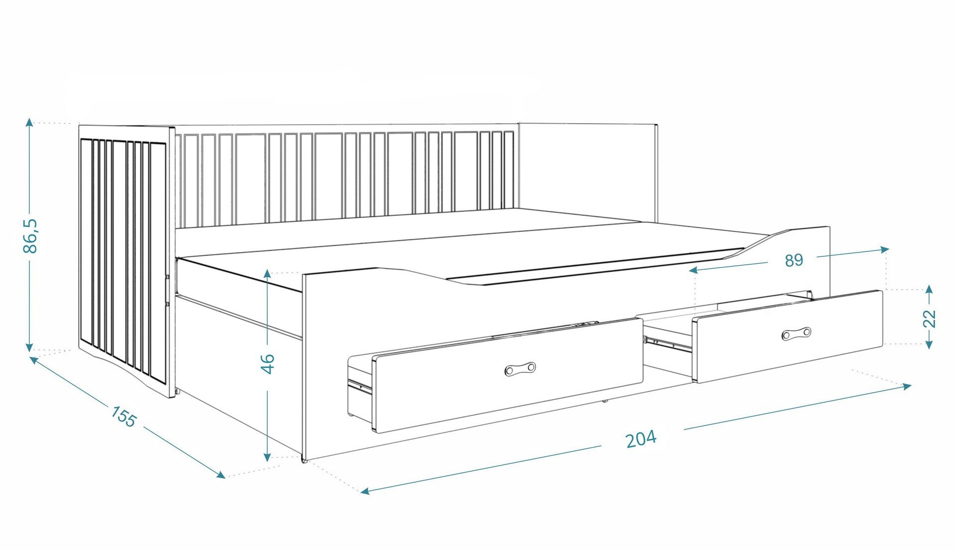 AJKmeble Funktionsbett mit zwei Schubladen und Ausziehbett 80x200cm auf 154x190cm (MADE IN EU - in weiß, ideales Gästebett, Tagesbett, Bett, Kinderbett, Jugendbett), MDF-Holz Made in Europe + INKLUSIVE Matratze