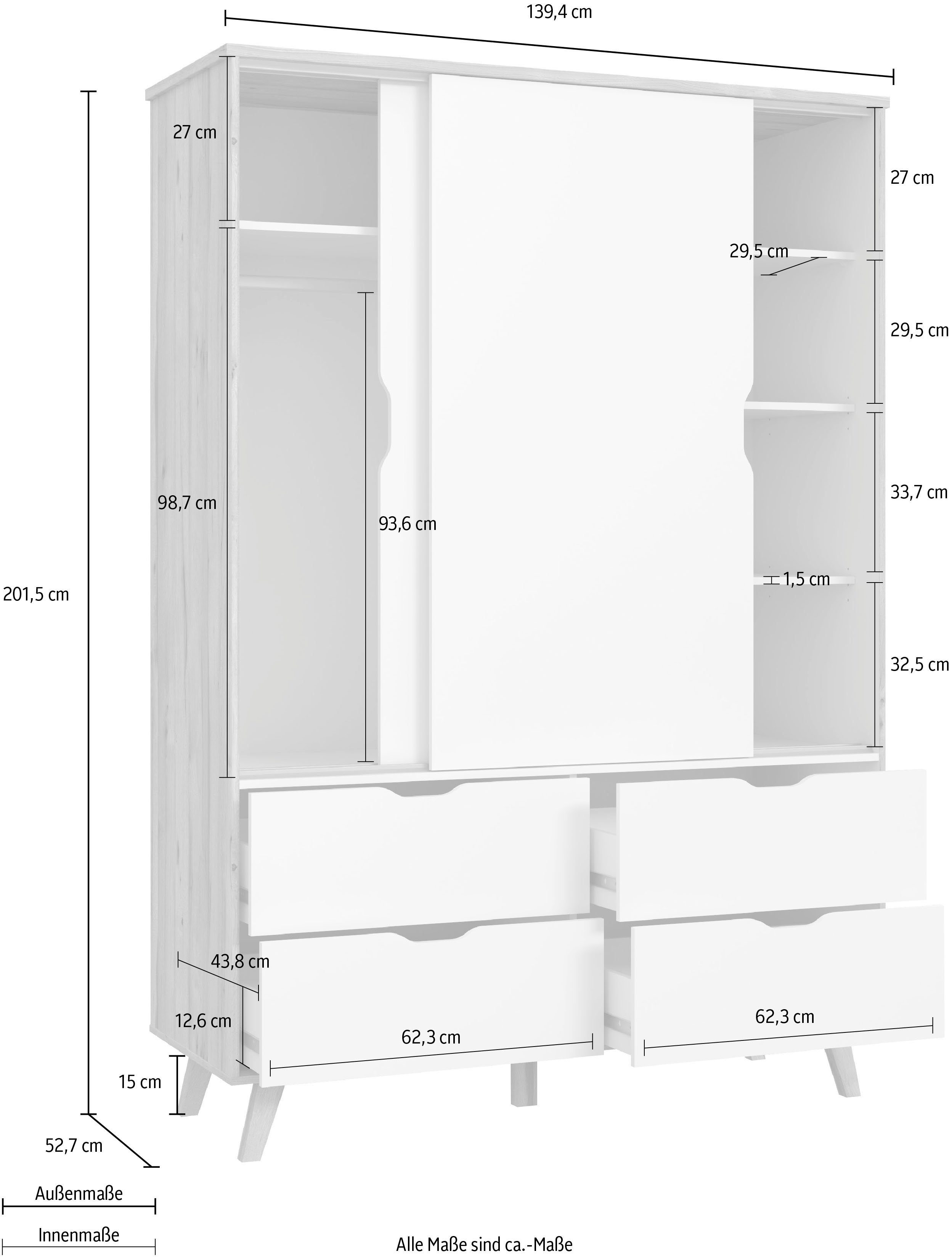 FORTE Schiebetürenschrank Vankka, Topseller! Viel Stauraum, scandinavischer Stil (B/H/T ca.140x200x50cm) Made in Europe,mit Einlegeböden+Kleiderstange+Schubladen,grifflos