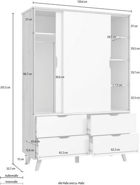 FORTE Schiebetürenschrank Vankka,Kleiderschrank, Topseller! Viel Stauraum,ca.140x200cm Made in Europe,mit Einlegeböden+Kleiderstange+Schubladen,grifflos