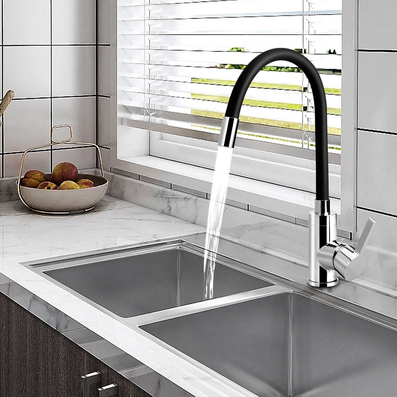 (360° Kaltwasser) 347mm Flexibler Wasserhahn Küchen Drehbare,Warm- XIIW und Küchenarmatur mit Silikonschlauch Höhe: