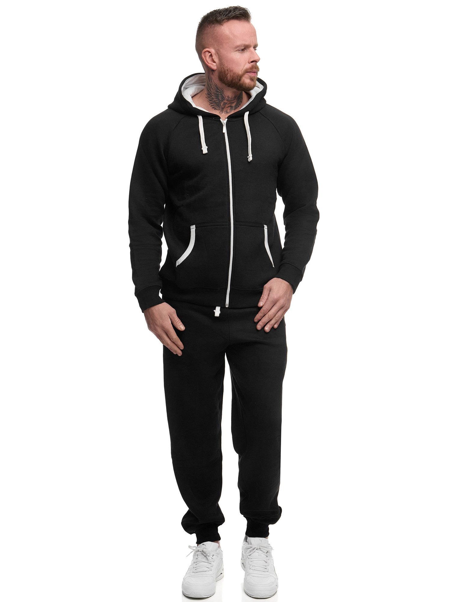 L.gonline Freizeitanzug Herren Freizeitanzug Jogginganzug Sweatwear 704 Schwarz-Weiss M (Kapuzenjacke mit Reißverschluss, Hose, 2-tlg., im modischem Design), Fitness Freizeit Casual