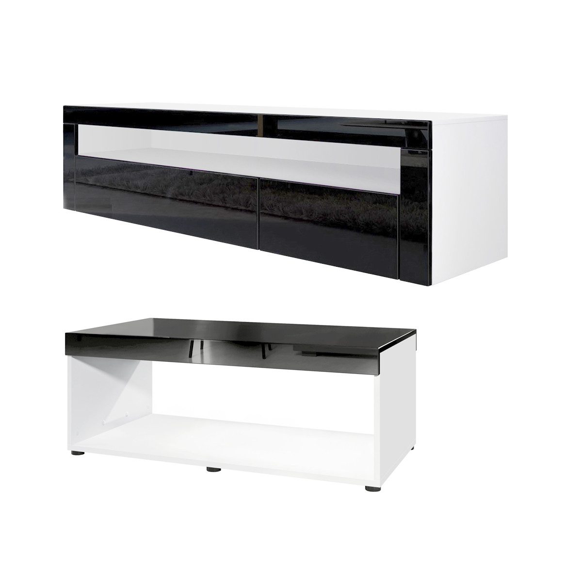 Vladon Wohnwand Berlin, (Wohnzimmer-Set, bestehend aus 1 TV Board und 1 Couchtisch), Weiß matt/Schwarz Hochglanz