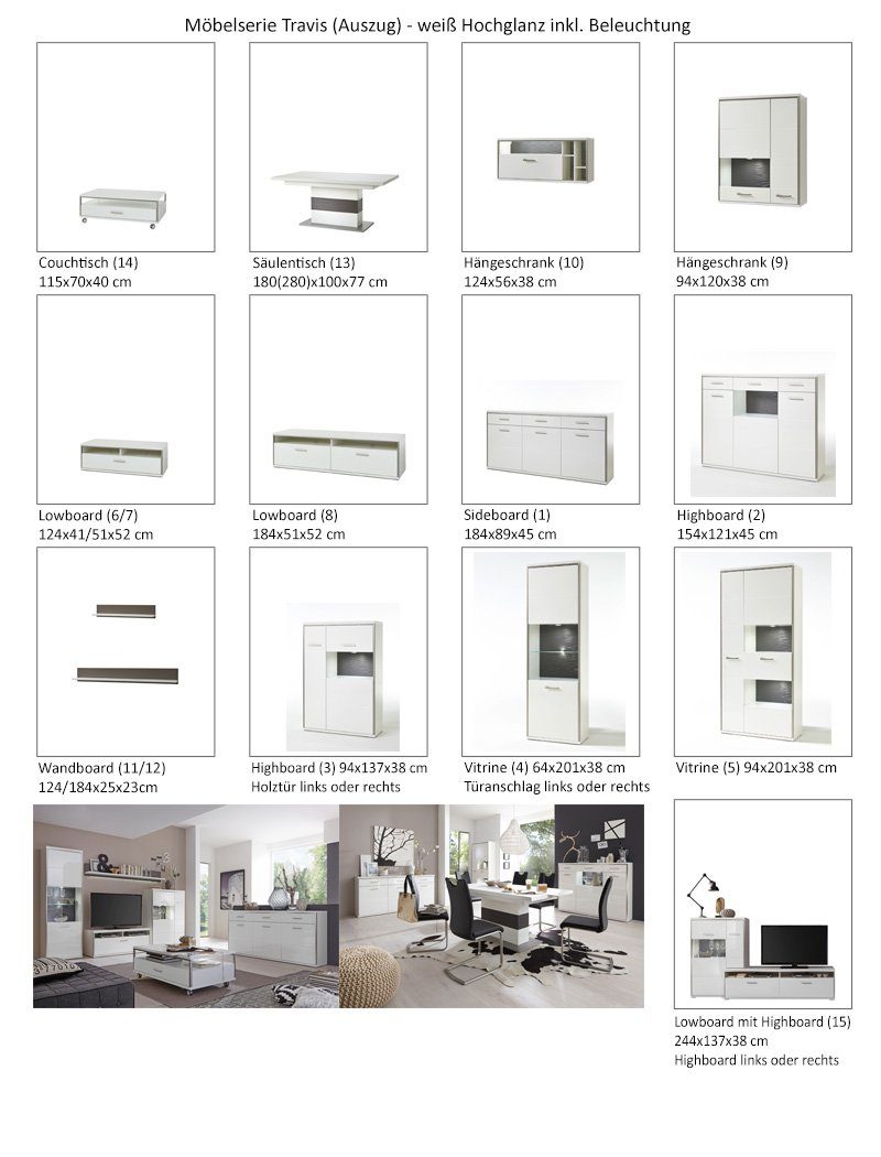 expendio Wohnzimmer-Set Travis 144, (Spar-Set, 4x 7-St), + Softclose LED weiß Kunstleder + schwarz Stuhl Hochglanz montiert