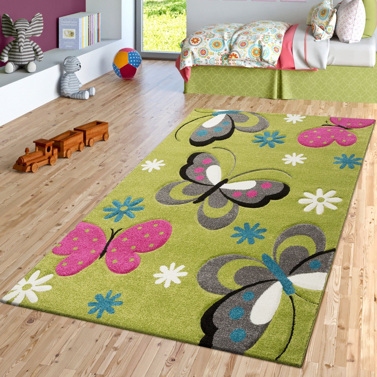 Kinderteppich Schmetterling Teppich Grün Grau Fuchsia Creme, TT Home,  rechteckig, Höhe: 16 mm
