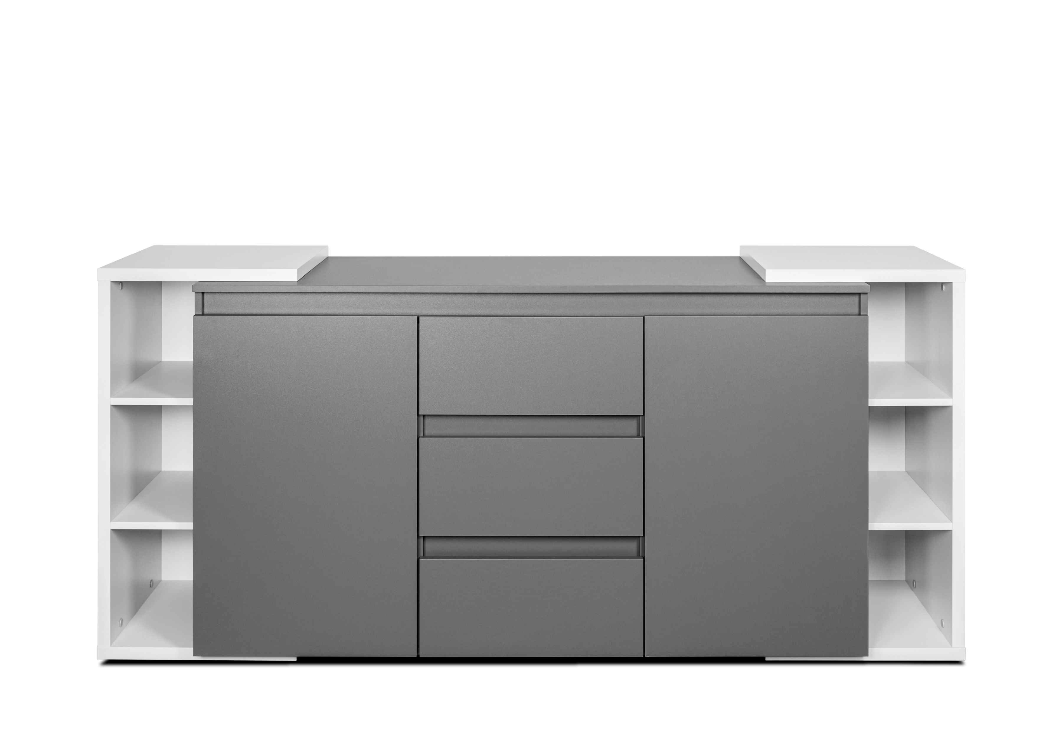Furnix Kommode NATJA 2F3S 2-türiges Sideboard Hellgrau/Anthrazit, mit 3 Schubladen, 2 Türen, 6 offene Fächer, B195,6 cm x H89 x T44,8 cm