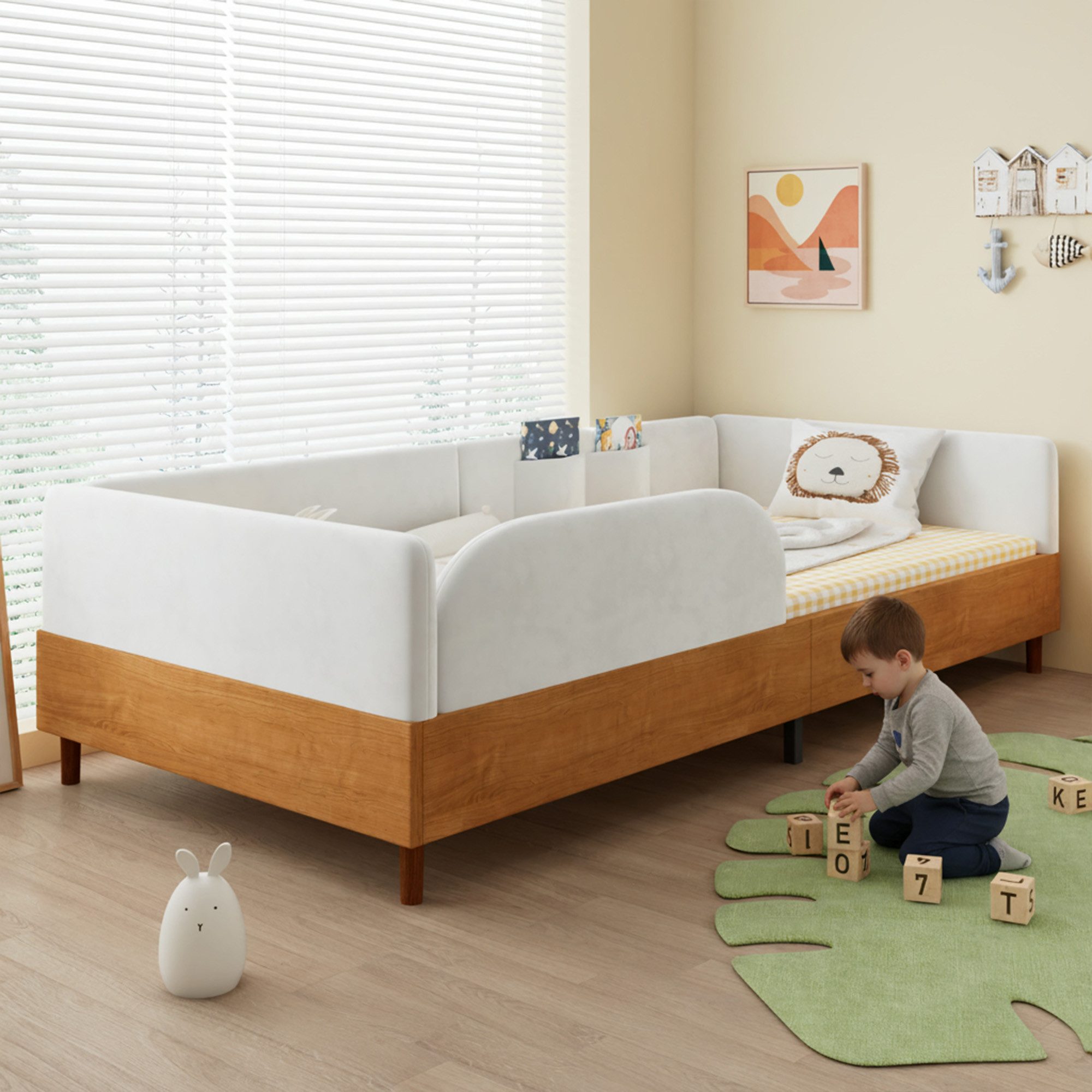 Odikalo Kinderbett 90x200 Polsterbett mit 2 Stautaschen, Samt & Holz Design (Modernes Polsterbett für Kinderzimmer, Weiche Antikollisions-Schwammkante, Stabiler Bettrahmen)