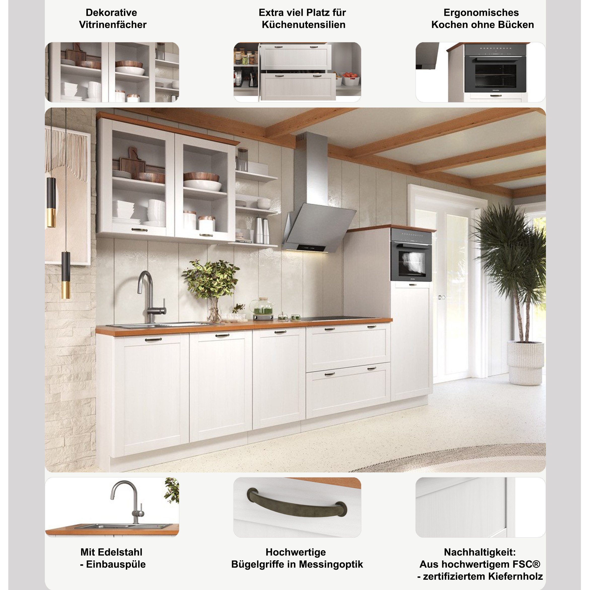 Home affaire Küchenzeile Teramo, (Set), Breite 315 cm, Kiefer massiv, mit Arbeitsplatte