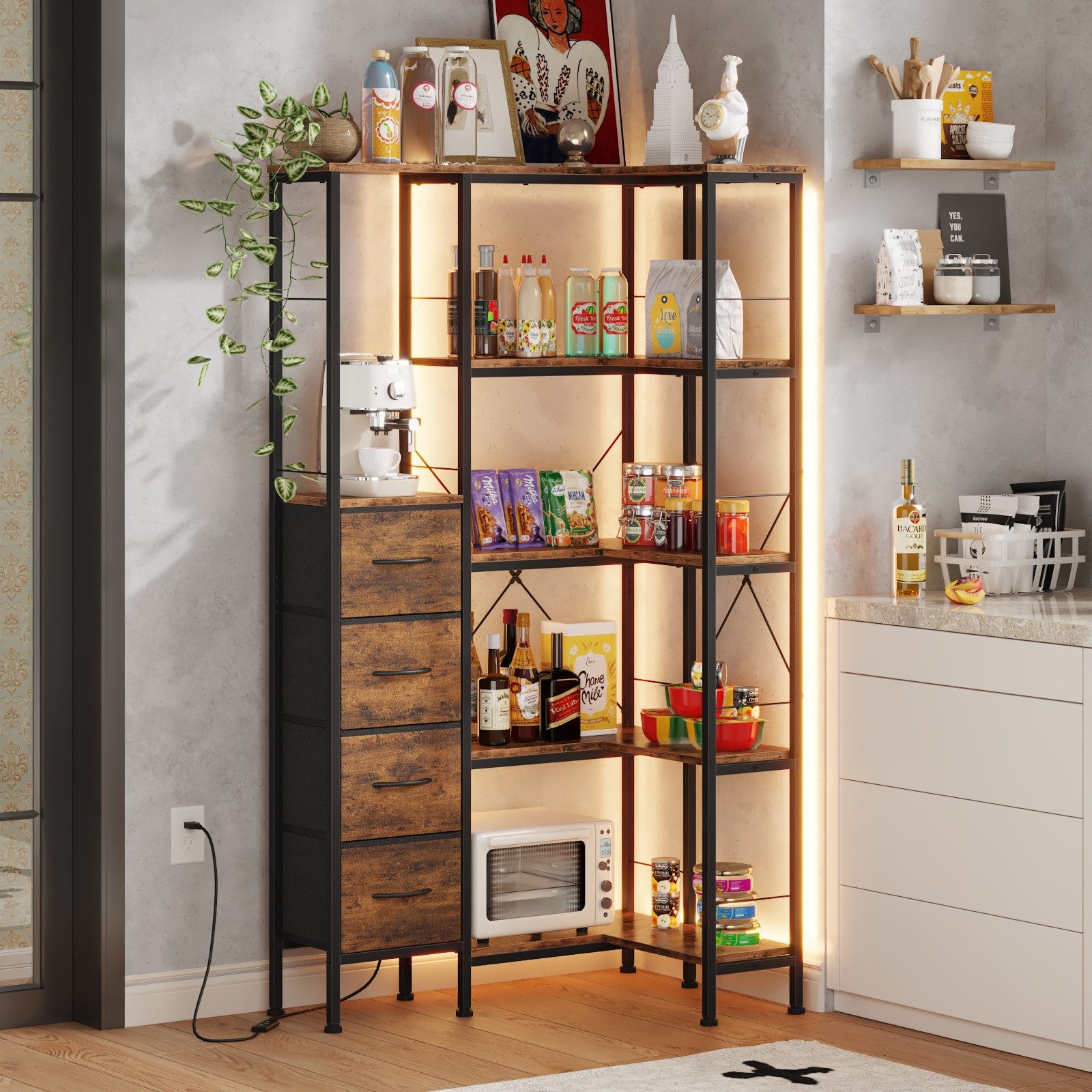 OYRREU Bücherregal Wohnzimmer, Homeoffice Eckenregal, LED-Beleuchtung, Helligkeit & Farbe einstellbar, Regal, 1-Stk., Wohnzimmerregal, Stauraumregal, App-gesteuert, 5 Ebenen, schmal, Aufbewahrungsregal