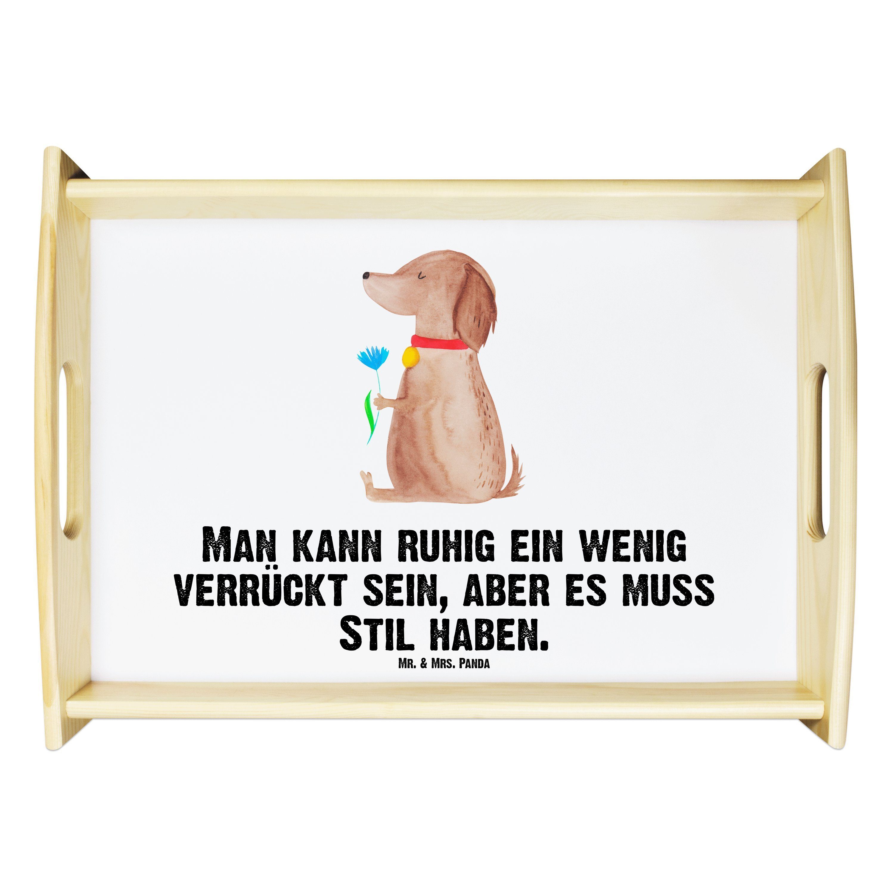 Mr. & Mrs. Panda Tablett Hund Blume - Weiß - Geschenk, Frühstückstablett, Küchentablett, Hunde, Echtholz lasiert, (1-tlg)