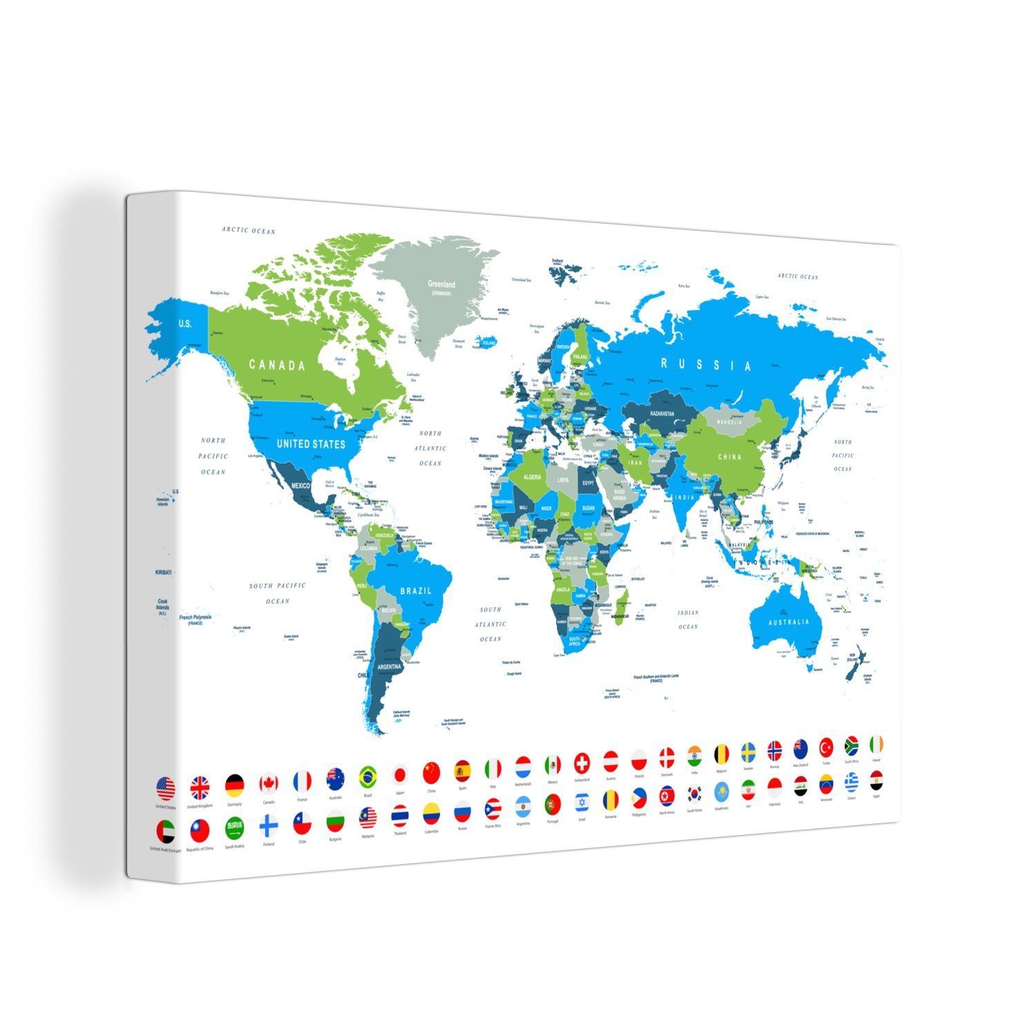 OneMillionCanvasses® Leinwandbild Weltkarte - Flagge - Blau - Grün, (1 St), Wandbild Leinwandbilder, Aufhängefertig, Wanddeko, 30x20 cm
