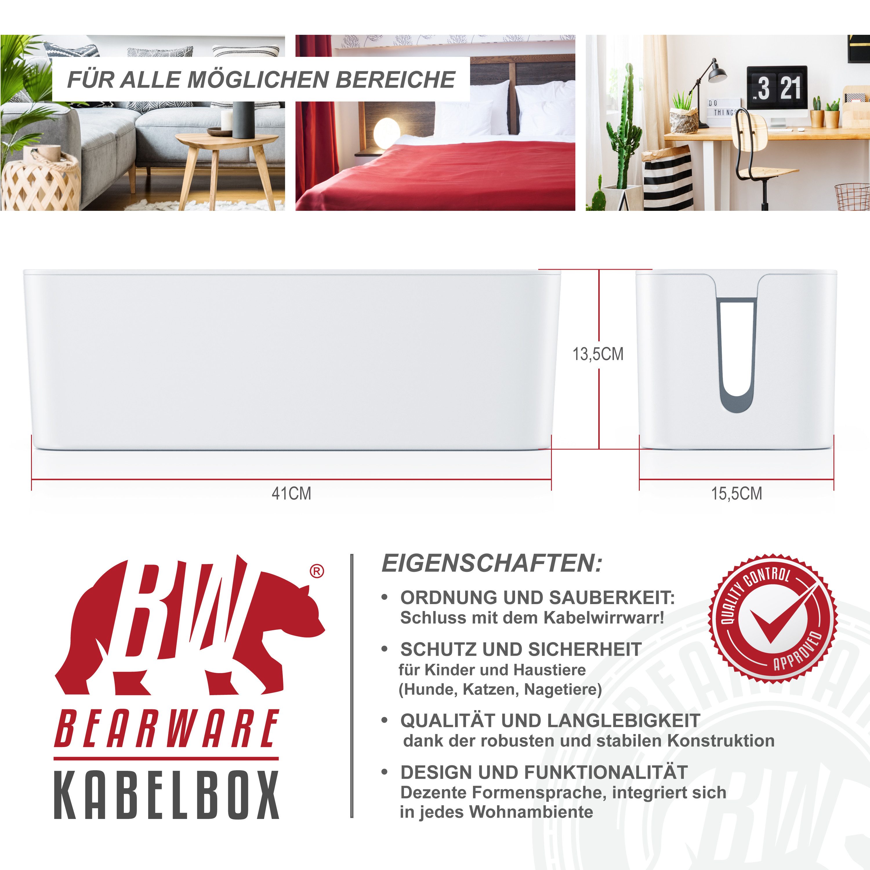 BEARWARE 3 Fach Steckerleiste mit 2X USB Ladeports & Kabelbox im Set, weiß Steckdosenleiste 3-fach (USB-Anschluss, Schutzkontaktstecker, Kindersicherung, Kabell – Bild 2 von 5