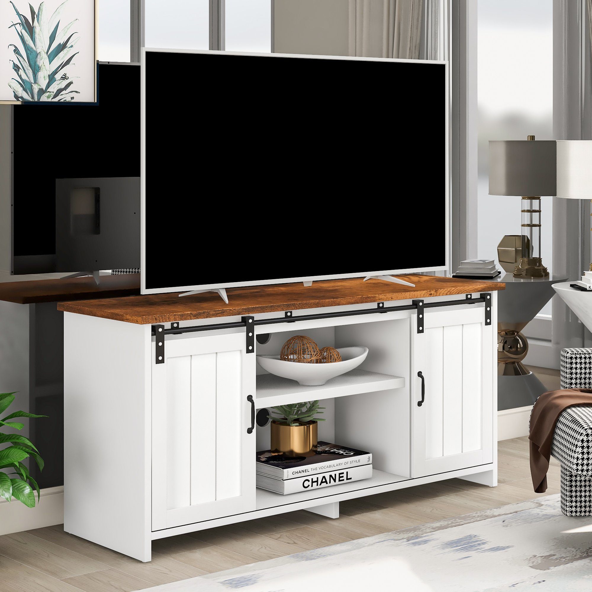 Ffenen Flur, verstellbare TV-Schrank Sideboard Ablage) Kommode Beistellschrank, Wohnzimmer, (Aufbewahrungsschrank, Esszimmer, 2 Schiebetüren, mit Regalfächern, Industrie-Design OKWISH Fernsehschrank