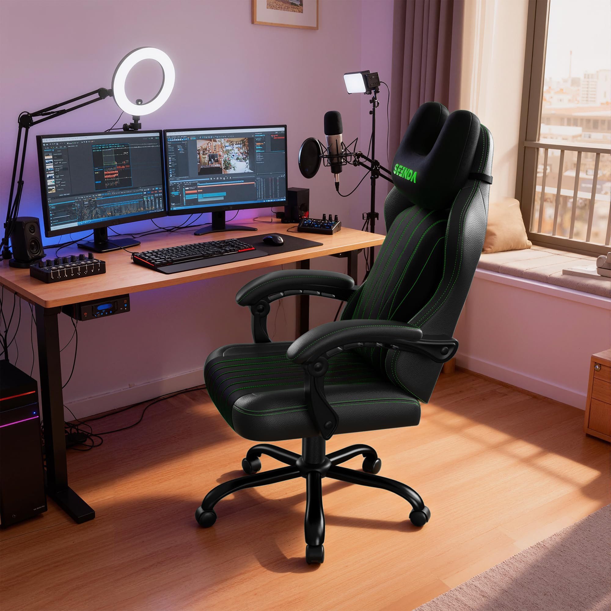 Seenda Campingstuhl GCP-18 Ergonomischer Gamingstuhl mit 90–135° Rückenlehne, Tech-Stoff & PU-Leder, abnehmbares Kissen, gekoppelte Armlehnen, SGS