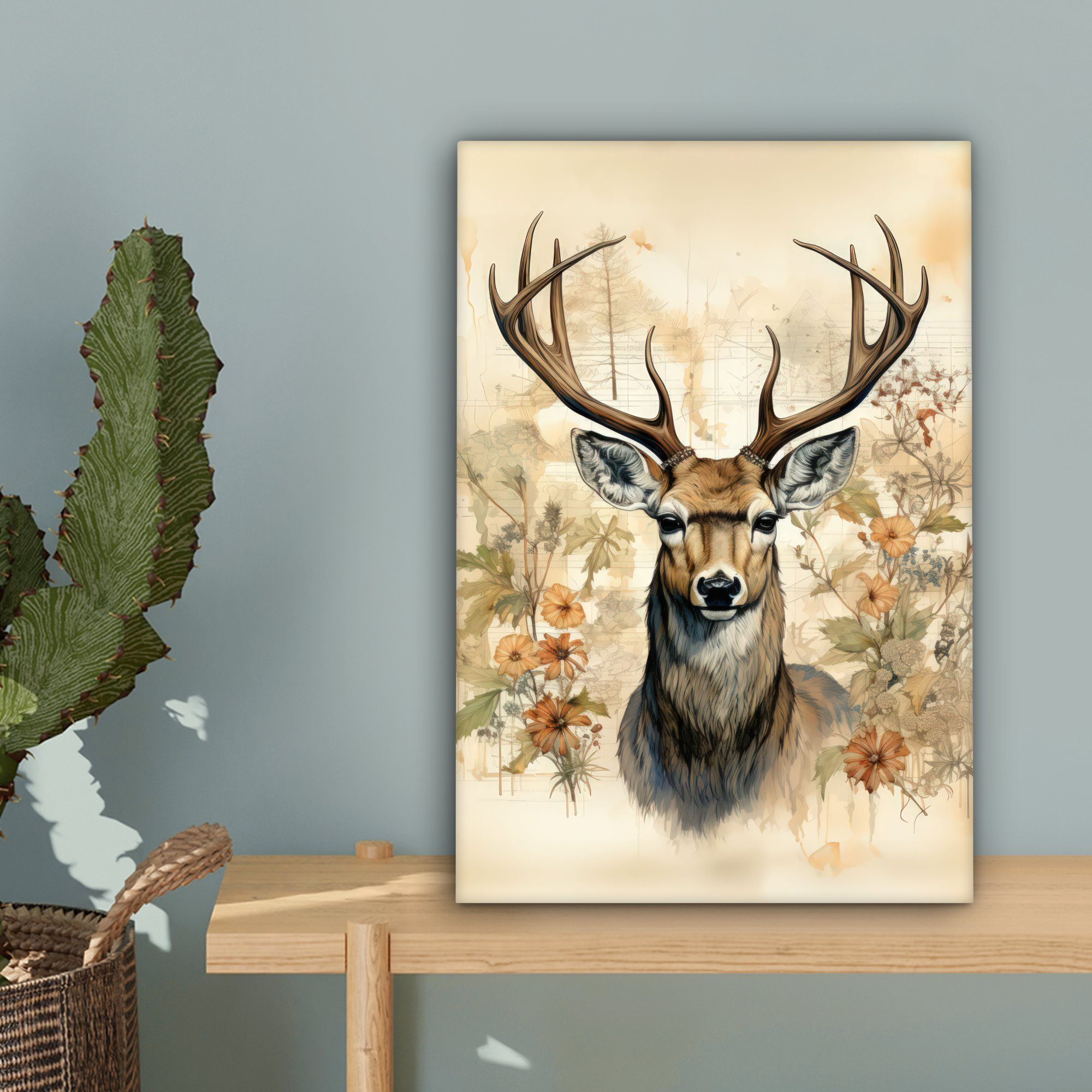 OneMillionCanvasses® Leinwandbild Vintage - Hirsch - Rotwild - Blumen - Beige - Tiere - Natur, Fotodruck (1 St), Leinwand Bilder Klein, Wand Dekoration Aestheti – Bild 3 von 5
