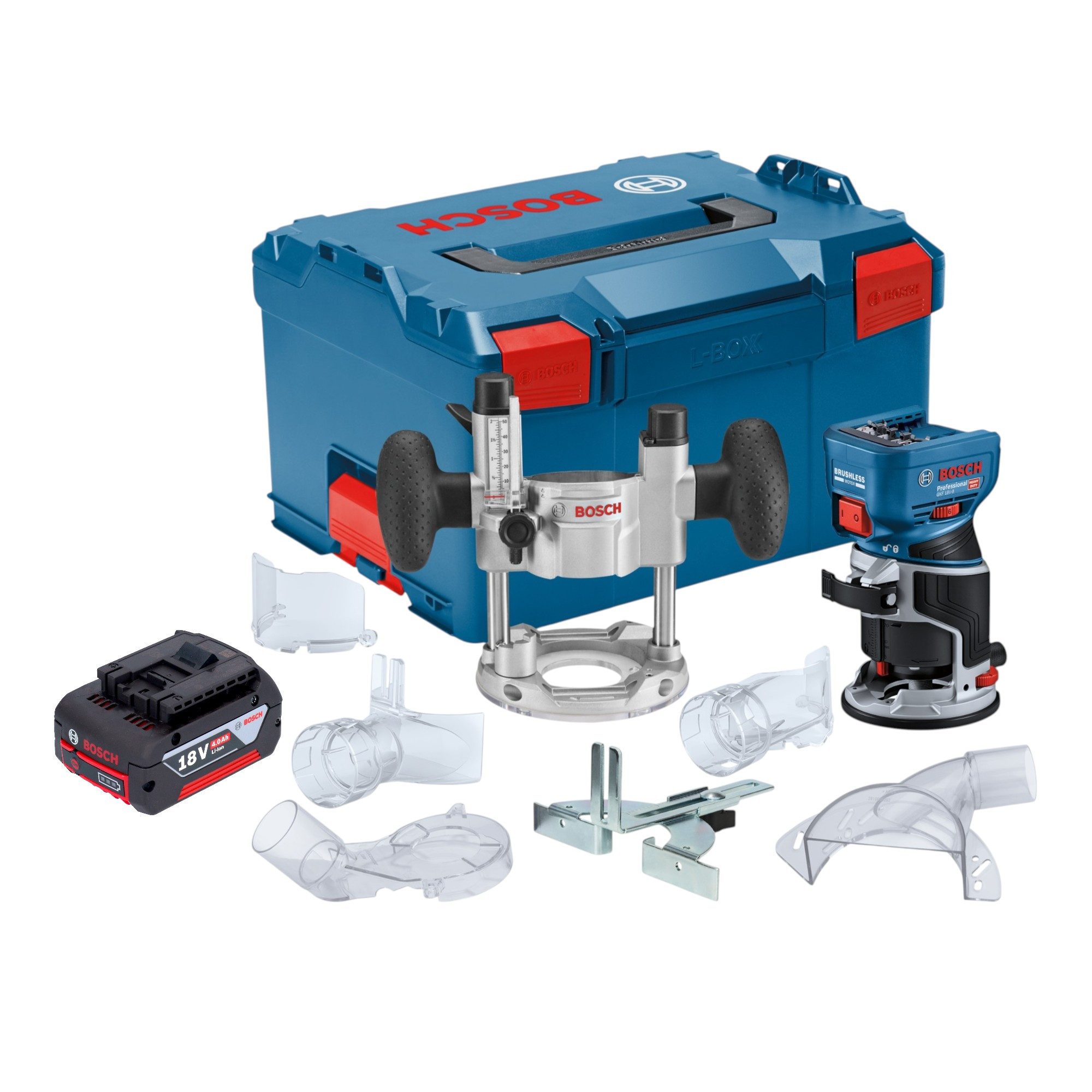 Bosch Professional Oberfräse GKF 18V-8 Professional 18 V 8,0 mm Brushless + 1x Akku 4,0 Ah + L-Boxx