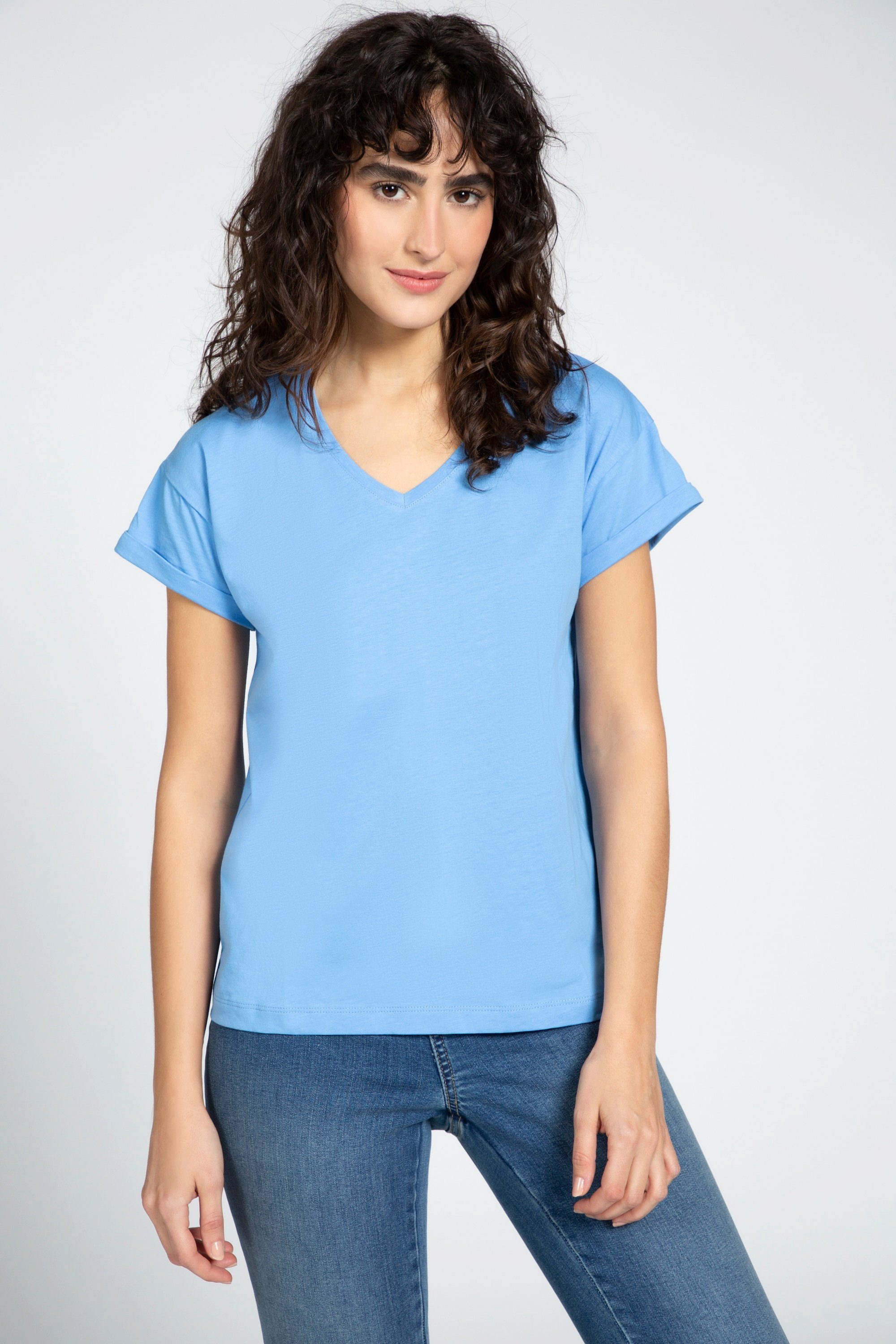 Gina Laura Rundhalsshirt T-Shirt Oversized V-Ausschnitt Halbarm kornblume