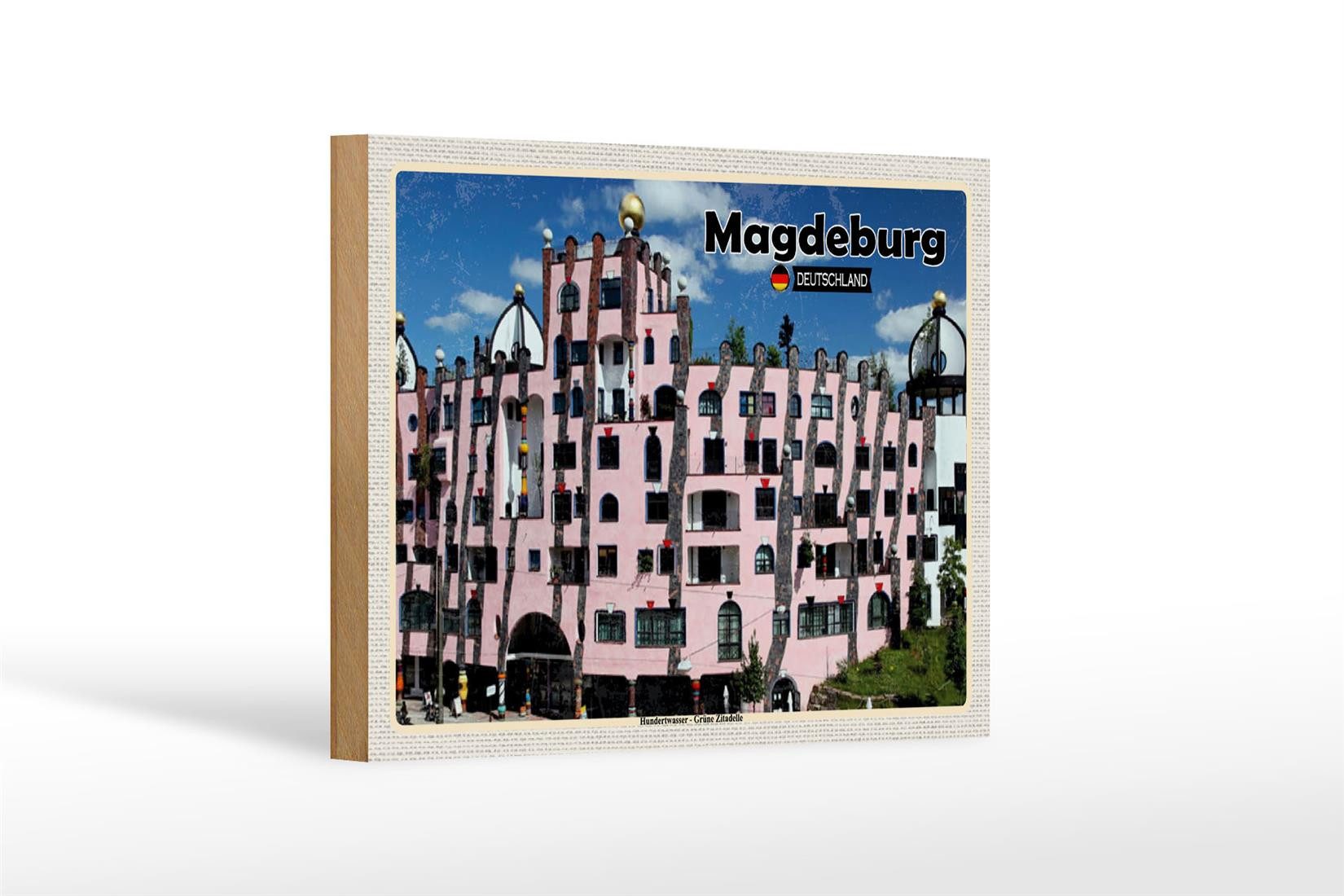 Femer GmbH Holzbild Städte Magdeburg Hundertwasser Gebäude 18x12 cm, (1 St), Glatte Holzfaserplatte (MDF), vorn beschichtet