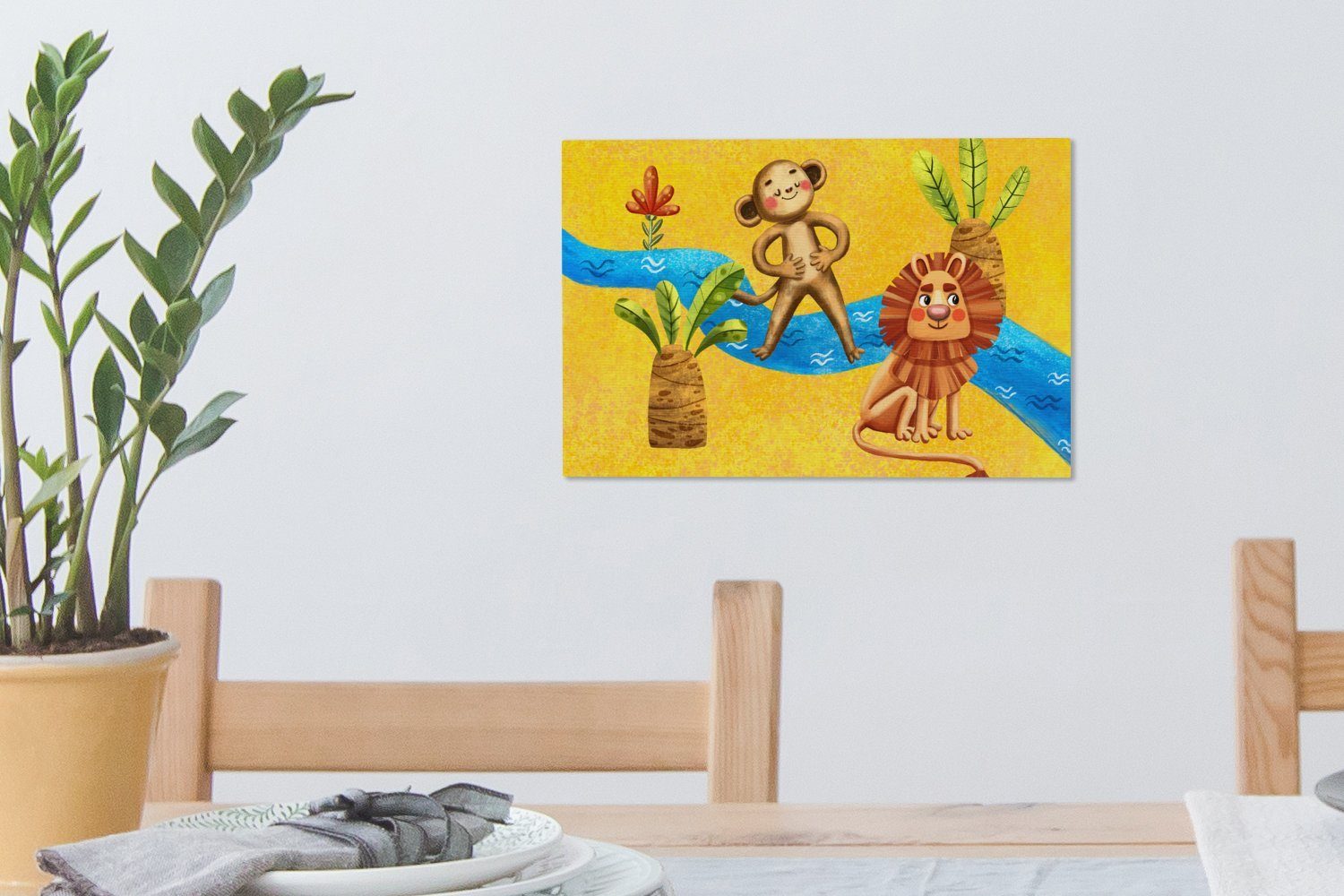Wandbild Löwe - - OneMillionCanvasses® 30x20 Affe Wanddeko, St), Aufhängefertig, Leinwandbilder, Leinwandbild (1 cm Dschungel - Wasser,