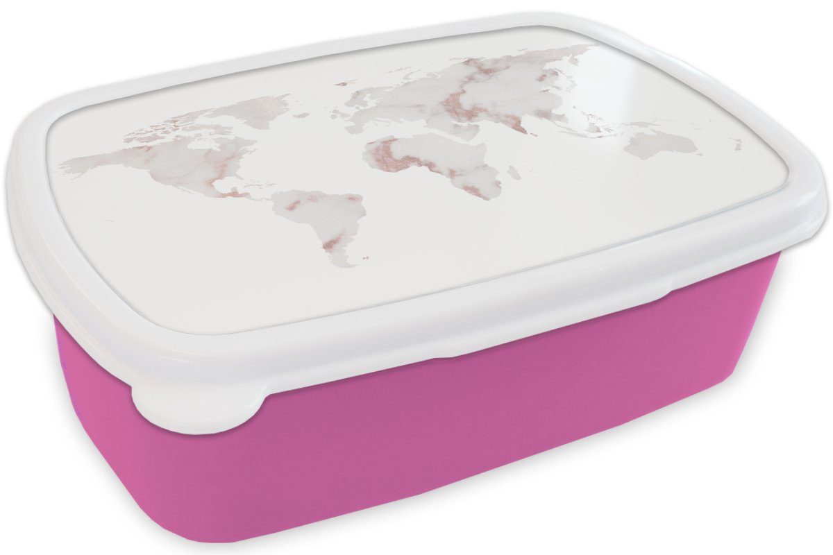 MuchoWow Lunchbox Weltkarte Snackbox, Marmor Erwachsene, Kunststoff rosa (2-tlg), Mädchen, Kunststoff, Kupfer, für Brotbox - - Brotdose Kinder