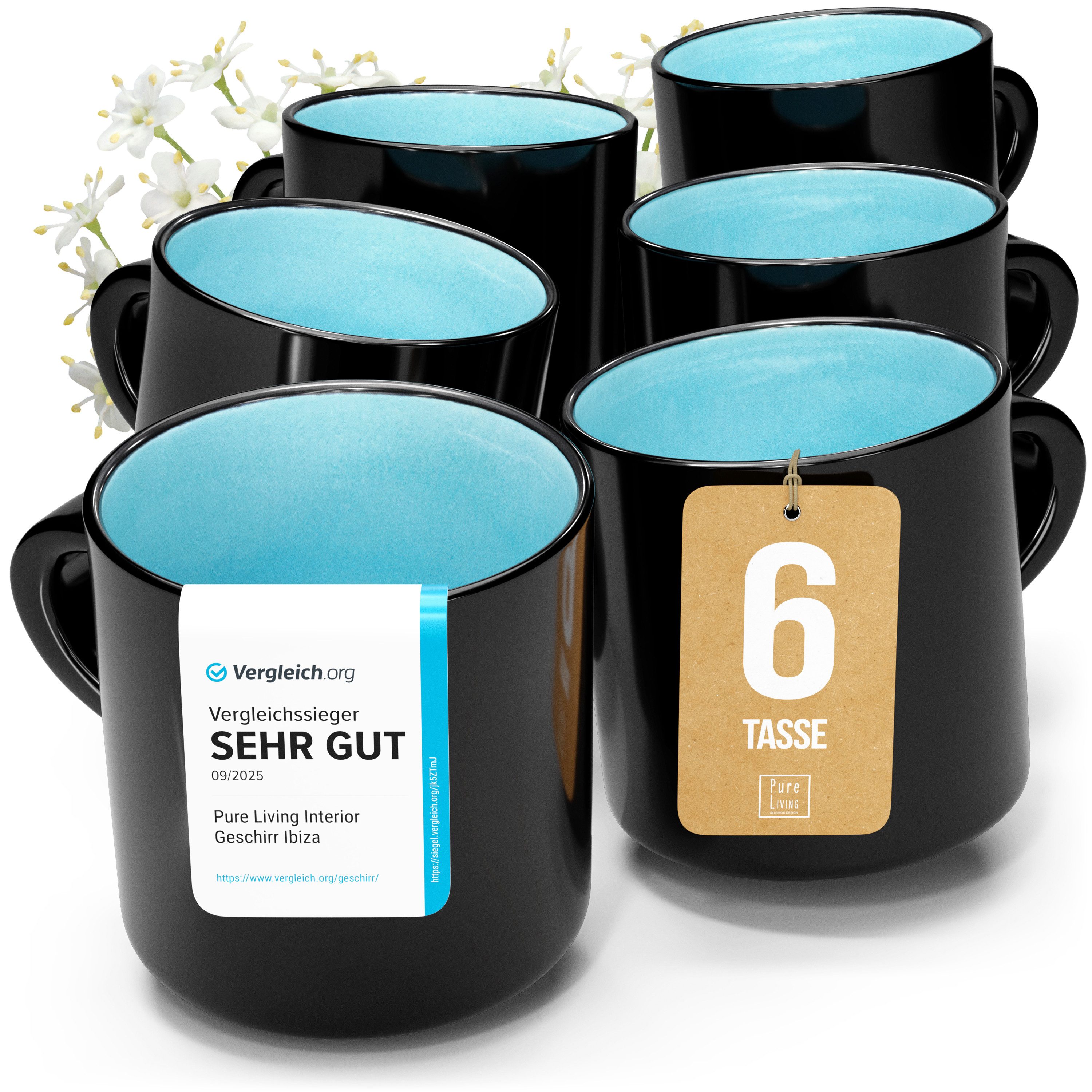 PURE LIVING INTERIOR DESIGN Geschirr-Set Ibiza Becher, 6er-Set, 350 ml, Aquamarin, Steingut (6-tlg), 6 Personen, Steingut