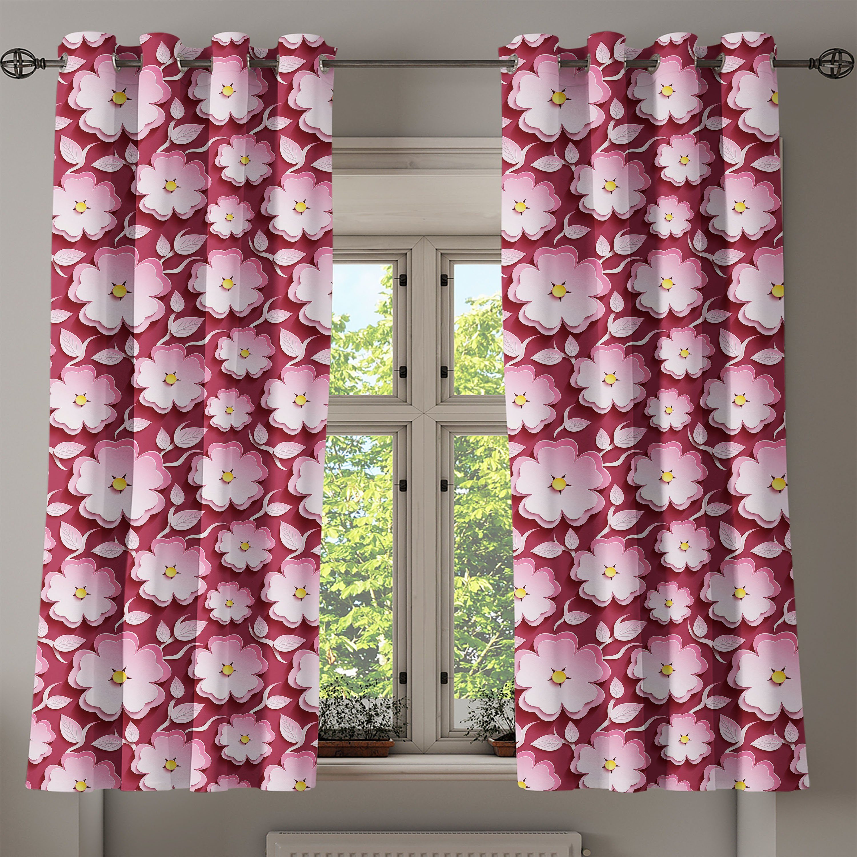 Romantische für Wohnzimmer, Gardine Schlafzimmer Dekorative asiatisch Blumenmuster 2-Panel-Fenstervorhänge Abakuhaus,