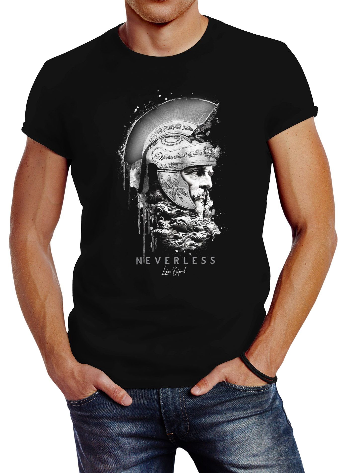 Spezialisiert auf Markenprodukte Neverless Print-Shirt Neverless® Herren Helm Print T-Shirt schwarz Sparta Kopf mit Fashion Streetstyle Spartaner Krieger