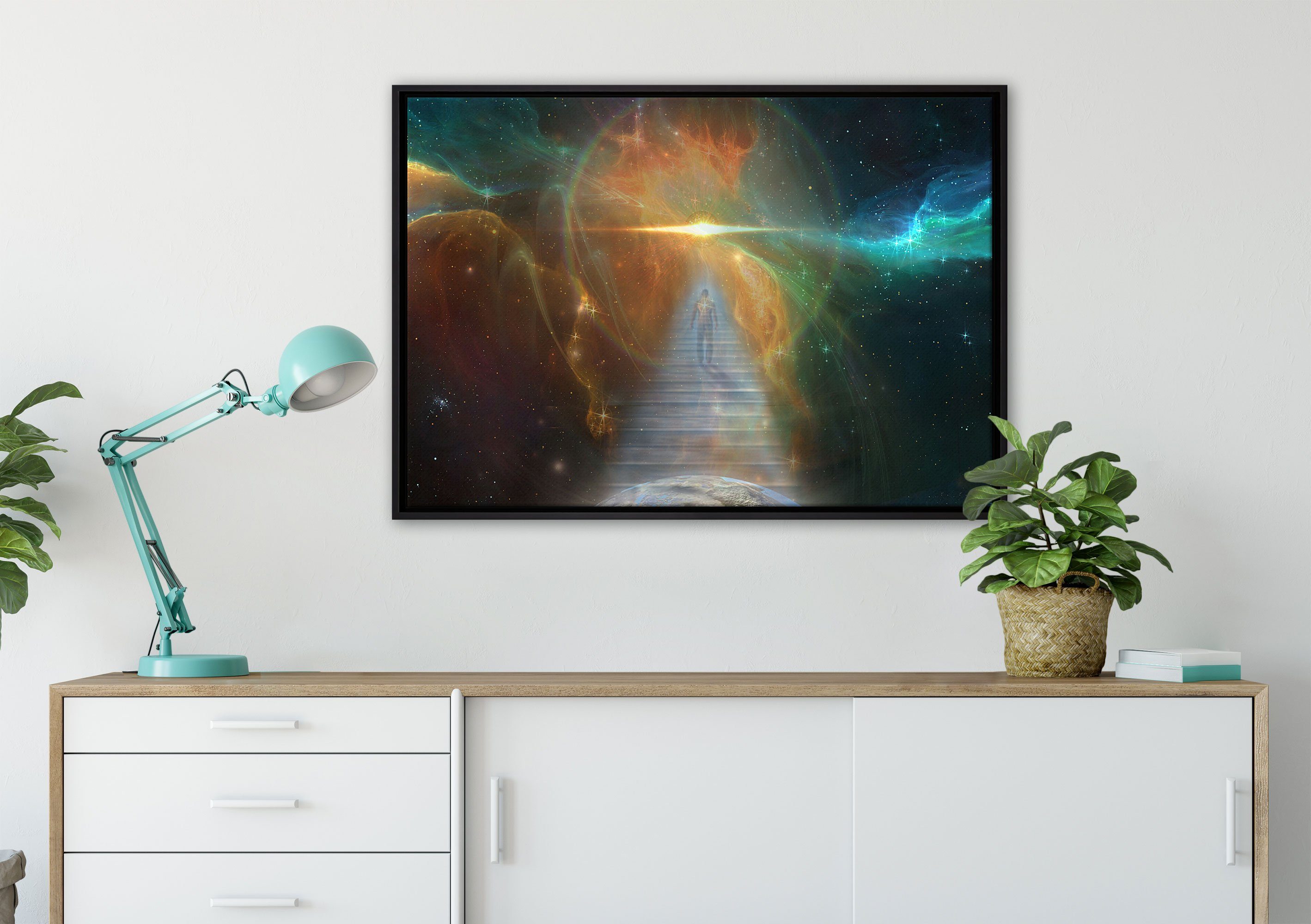 Kosmische St), (1 in Schattenfugen-Bilderrahmen bespannt, Treppe einem inkl. Pixxprint Leinwandbild gefasst, die Zackenaufhänger Wanddekoration fertig Galaxis, Leinwandbild in