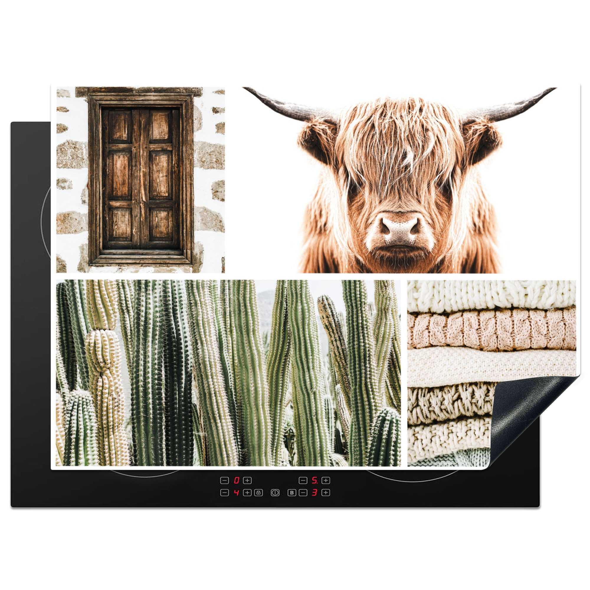 MuchoWow Herdblende-/Abdeckplatte Schottischer Highlander - Collage - Kaktus - Pullover, Vinyl, (1 tlg), 71x52 cm, Induktionskochfeld Schutz für die küche, Ceranfeldabdeckung