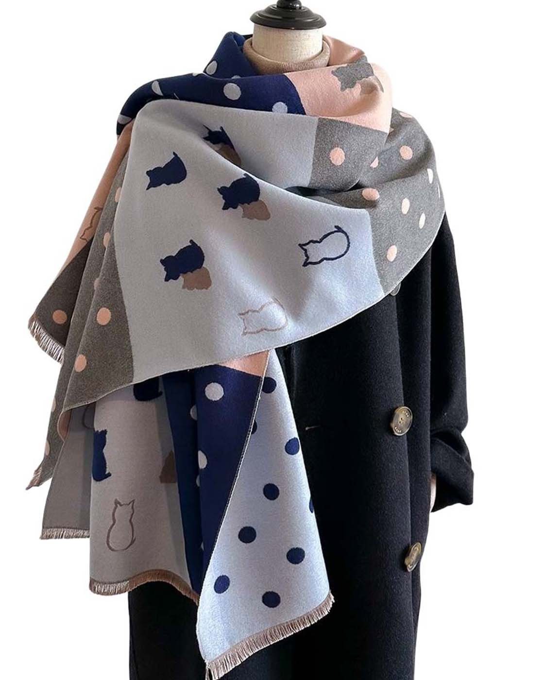 YANN Schal Katzen-Cartoon-Spleißschal für Damen, winterverdickter warmer Schal grau