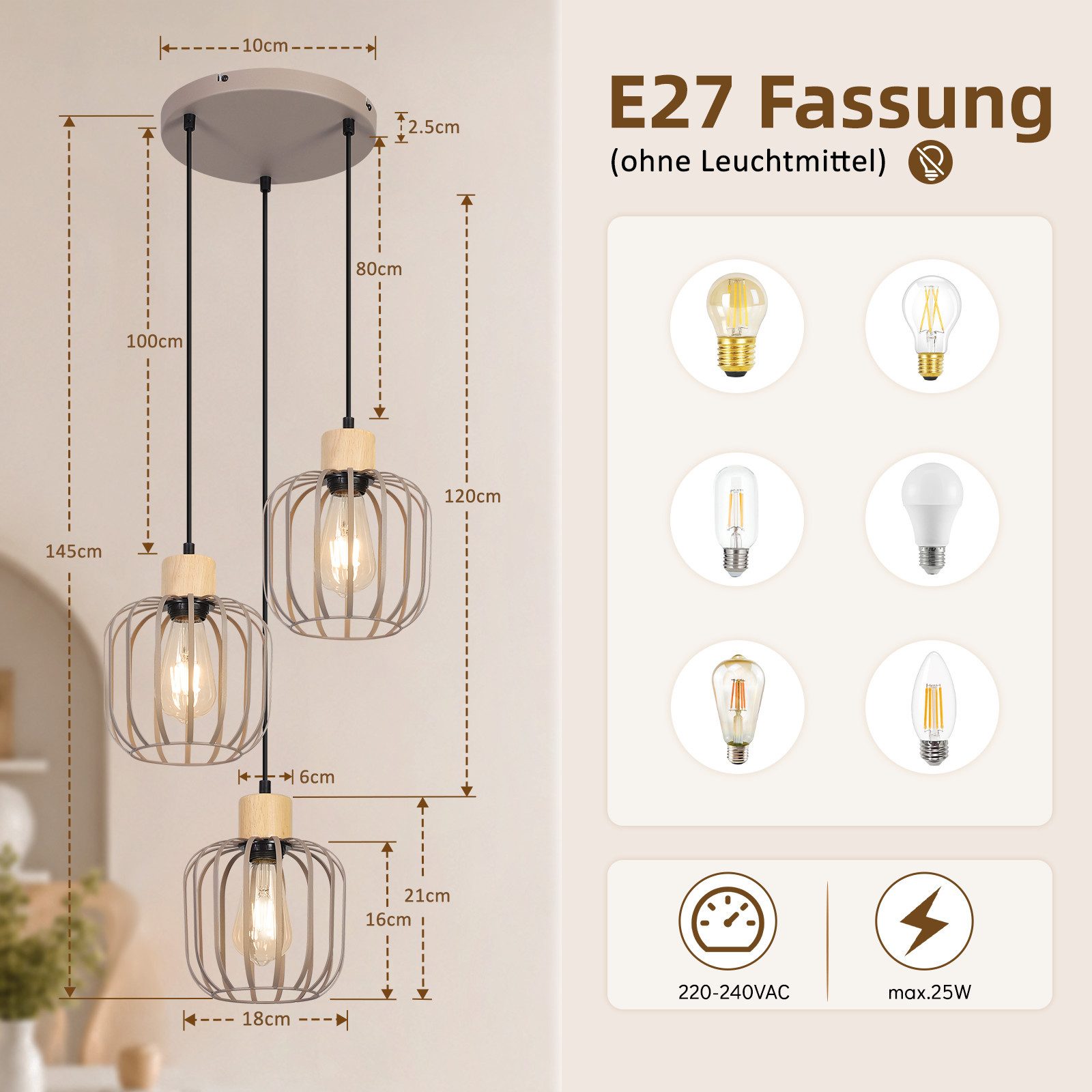 Nettlife Pendelleuchte Weiß/grau 1/3flammig Holz moderne Hängelampe E27 Fassung, ohne Leuchtmittel, für Esstisch Wohnzimmer Küche Flur Kücheninsel