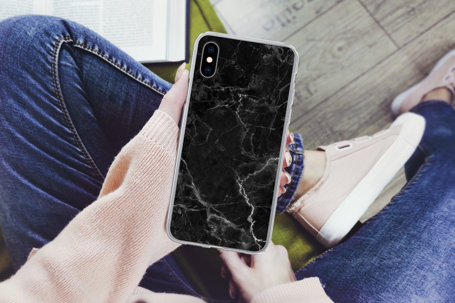 MuchoWow Handyhülle für Apple iPhone XS Marmor - Schwarz - Weiß - Textur - Marmoroptik, Smartphone-Bumper, Print, Handy Schutzhülle Dünn