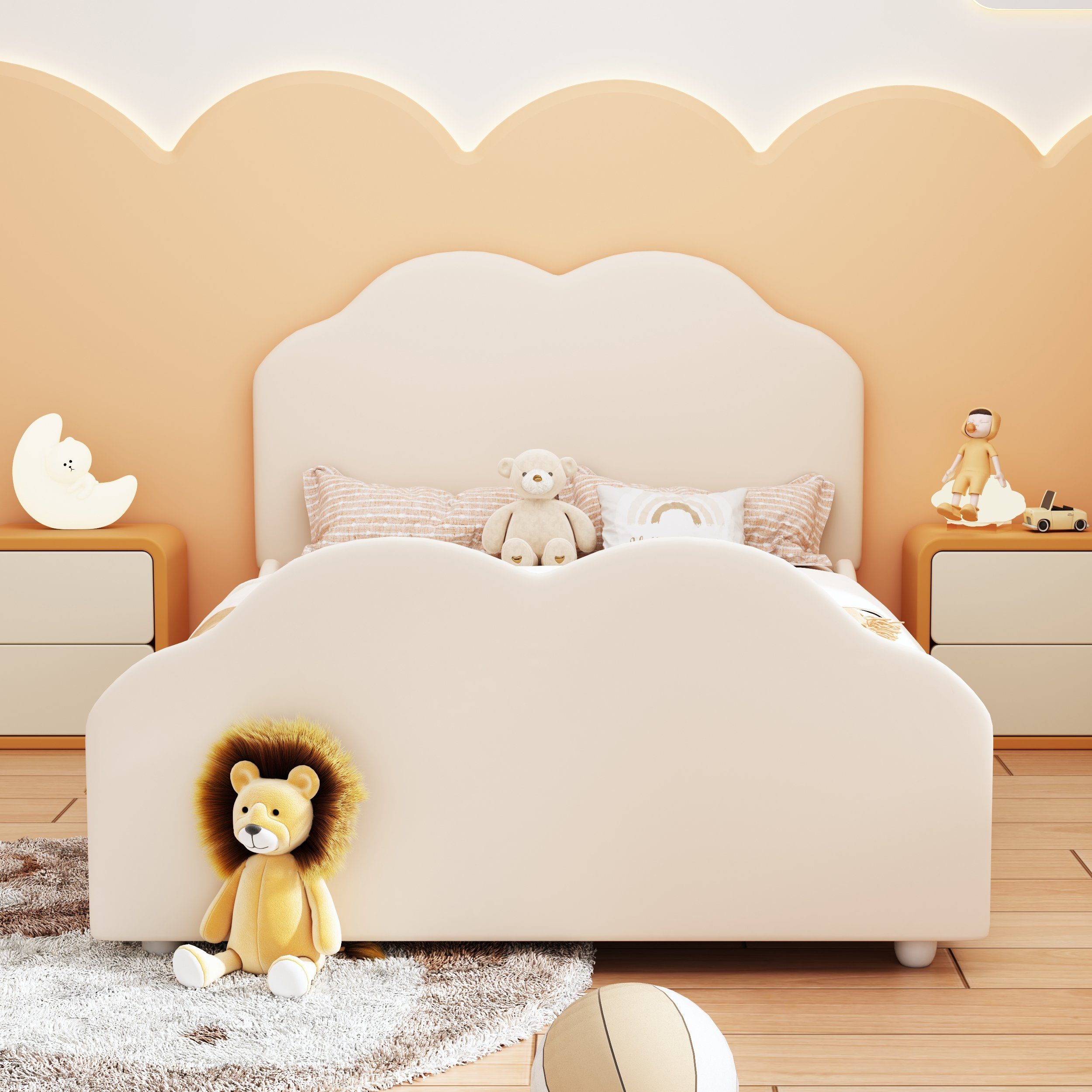 Kinderbett, süße beige Polsterbett Einzelbett Wolkenform Samt Flieks 90x200cm